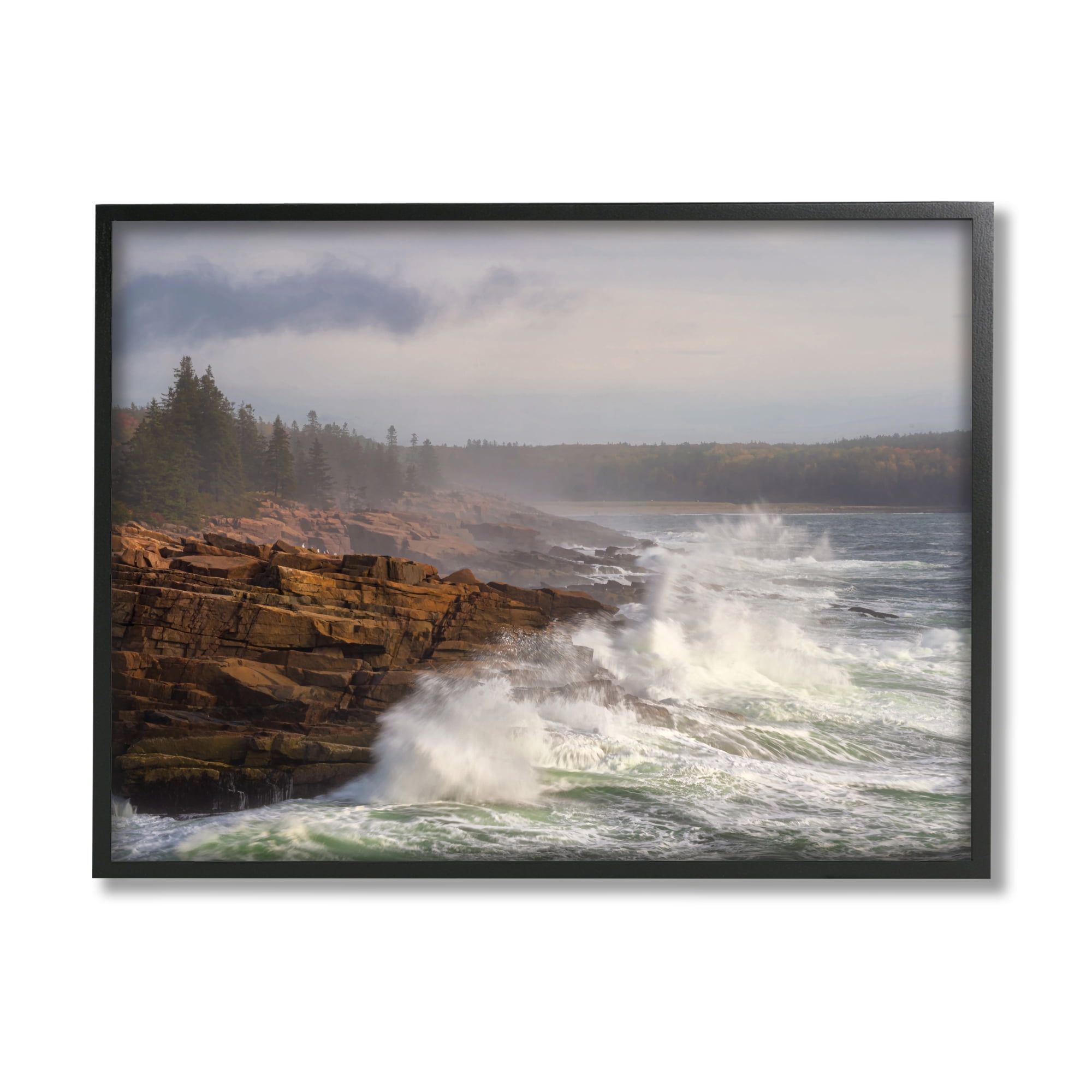 Stupell Industries Rough Waves on Cliff Landscape Photography Black Framed Art Print Wall Art, 14 x 11