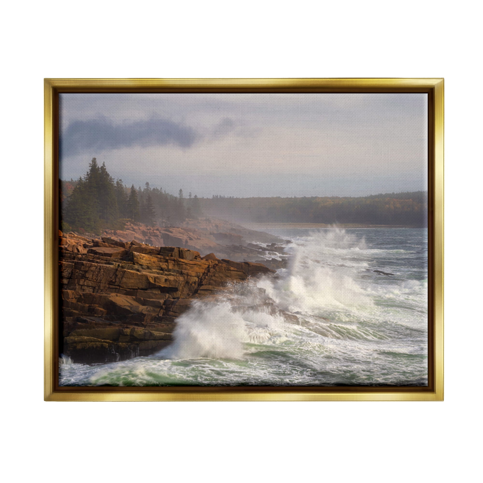 Stupell Industries Rough Waves on Cliff Landscape Photography Gold Floater Framed Canvas Art Print Wall Art, 31 x 25