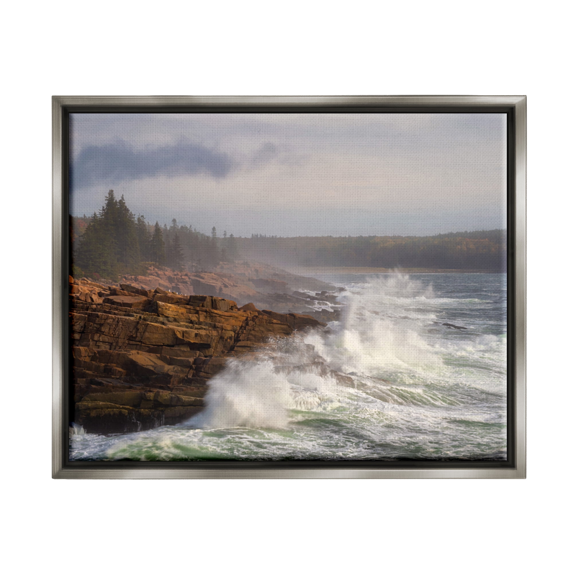 Stupell Industries Rough Waves on Cliff Landscape Photography Gray Floater Framed Canvas Art Print Wall Art, 21 x 17