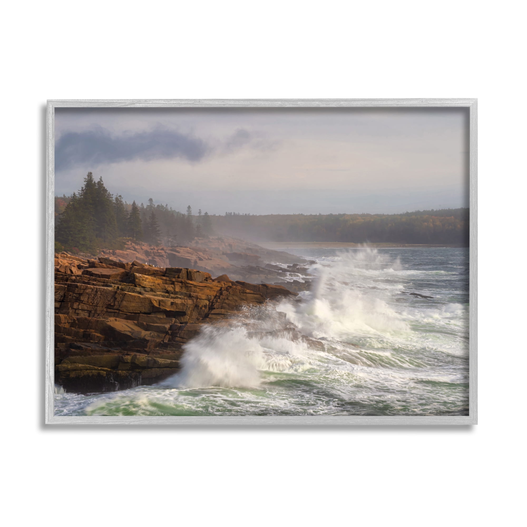 Stupell Industries Rough Waves on Cliff Landscape Photography Gray Framed Art Print Wall Art, 30 x 24