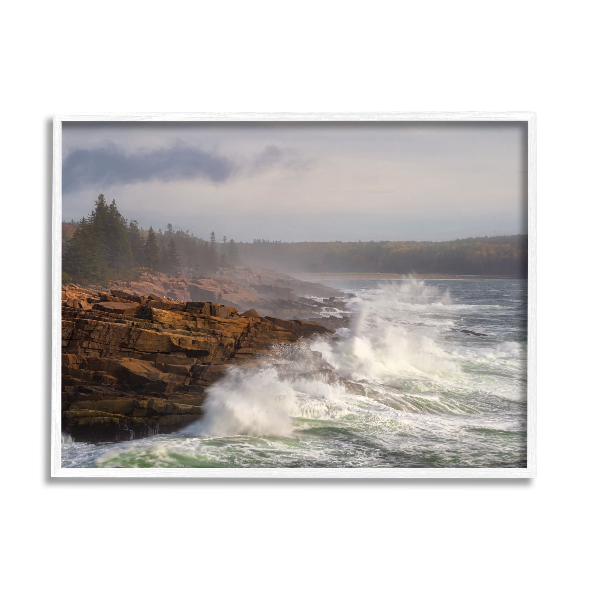 Stupell Industries Rough Waves on Cliff Landscape Photography White Framed Art Print Wall Art, 20 x 16