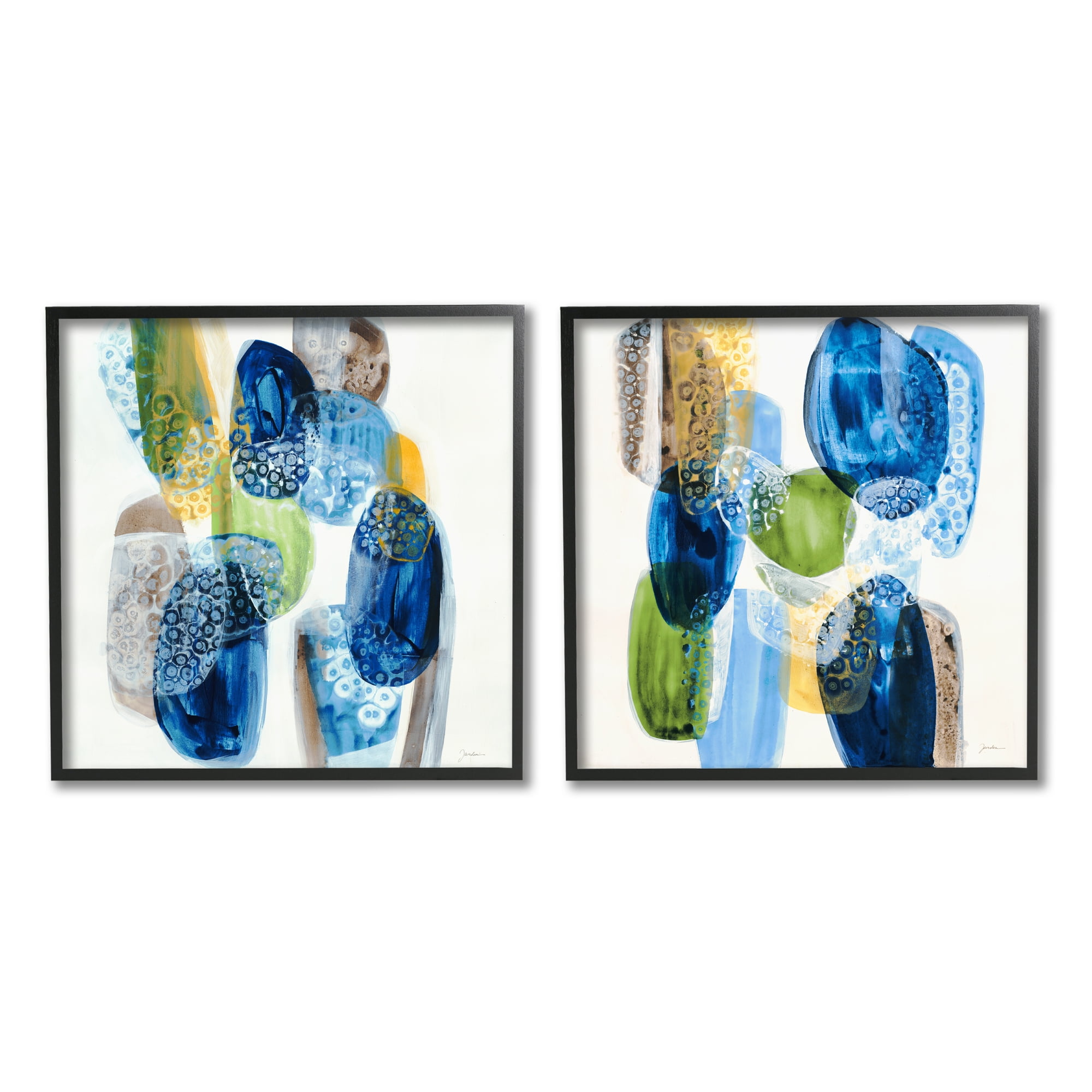Stupell Industries Round Abstract Pebbled Shapes Layered Blue Tones Painting Black Framed Art Print Wall Art, Set of 2, Design by Liz Jardine