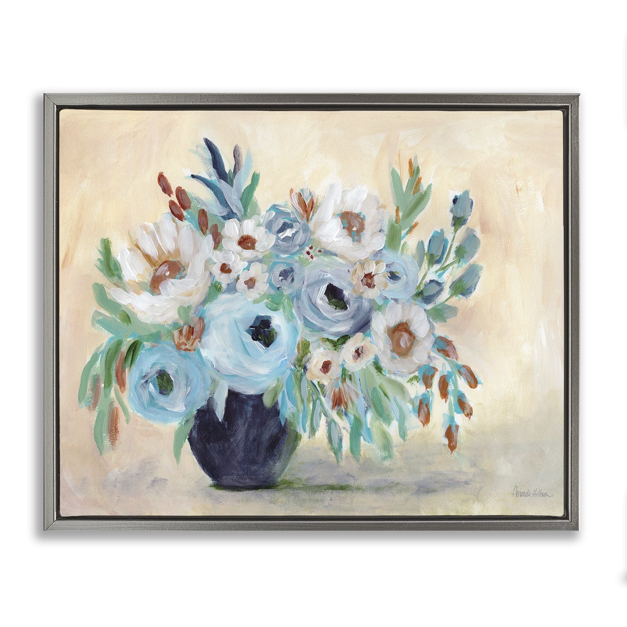 Stupell Industries Round Blooms Bouquet Botanical & Floral Painting Gray Floater Framed Art Print Wall Art, 21 x 17