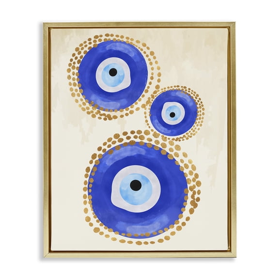 Stupell Industries Round Blue Evil Eye Pattern Lustrous Dotted Detail Painting Metallic Gold Floating Framed Canvas Print Wall Art, Design by Two Smart Blondes