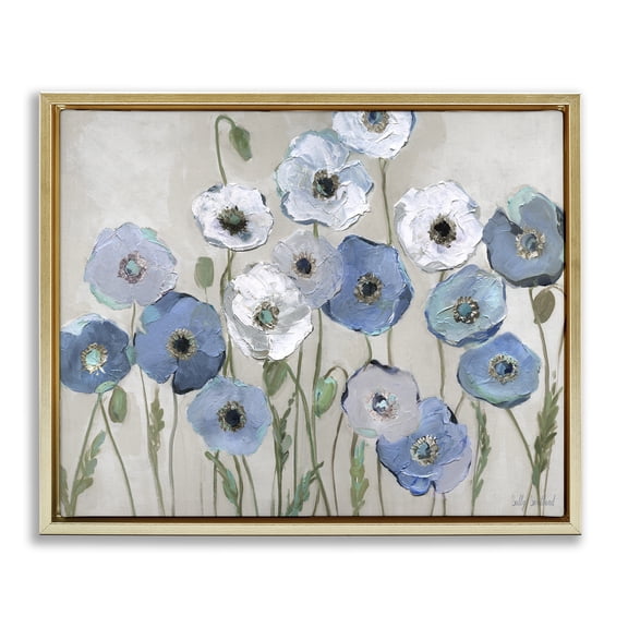 Stupell Industries Round Blue & White Poppies Plants & Flowers Painting Gold Floater Framed Canvas Art Print Wall Art, 21 x 17