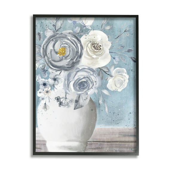 Stupell Industries Round Flower Blossom Bouquet Blue Paint Speckles Painting Black Framed Art Print Wall Art, Design by Kim Allen