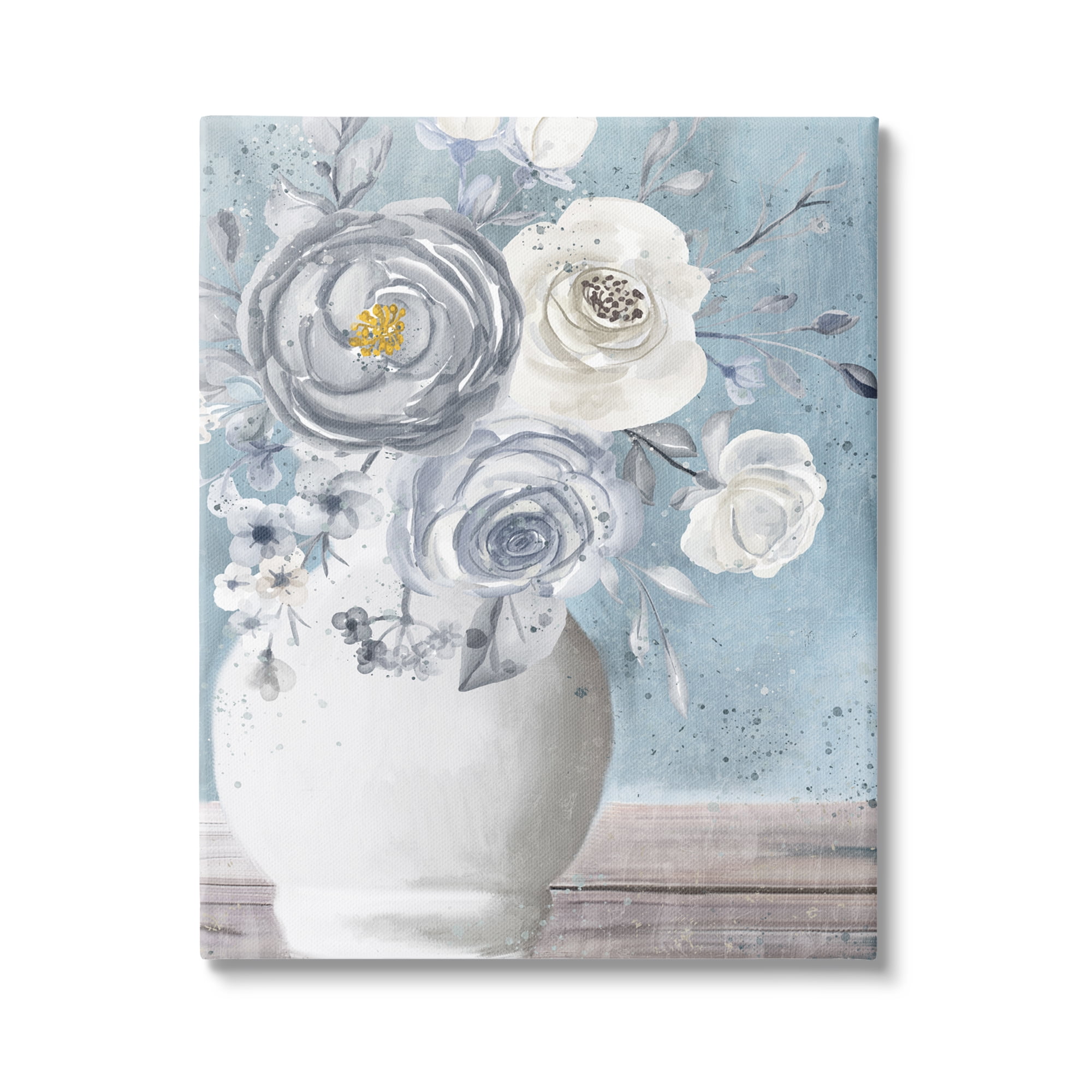 Stupell Industries Round Flower Blossom Bouquet Blue Paint Speckles Painting Gallery Wrapped Canvas Print Wall Art, Design by Kim Allen