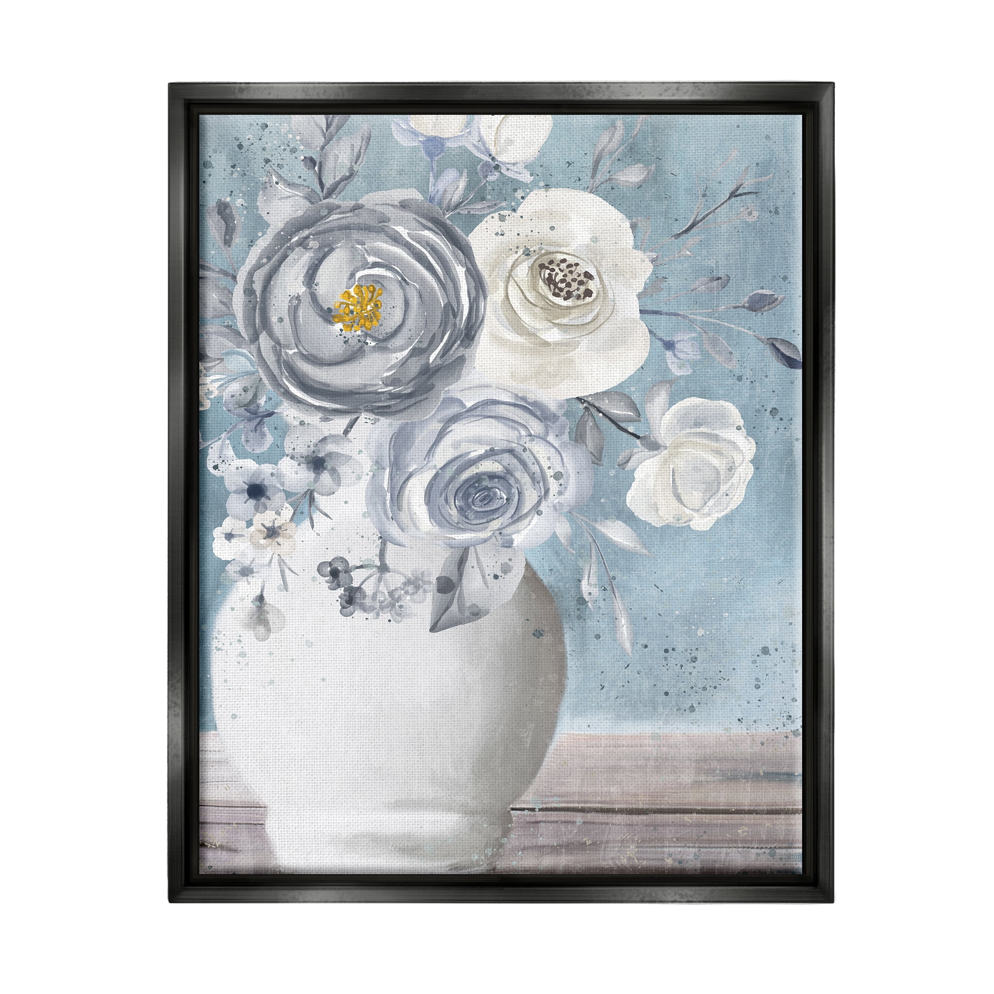 Stupell Industries Round Flower Blossom Bouquet Blue Paint Speckles Painting Jet Black Floating Framed Canvas Print Wall Art, Design by Kim Allen