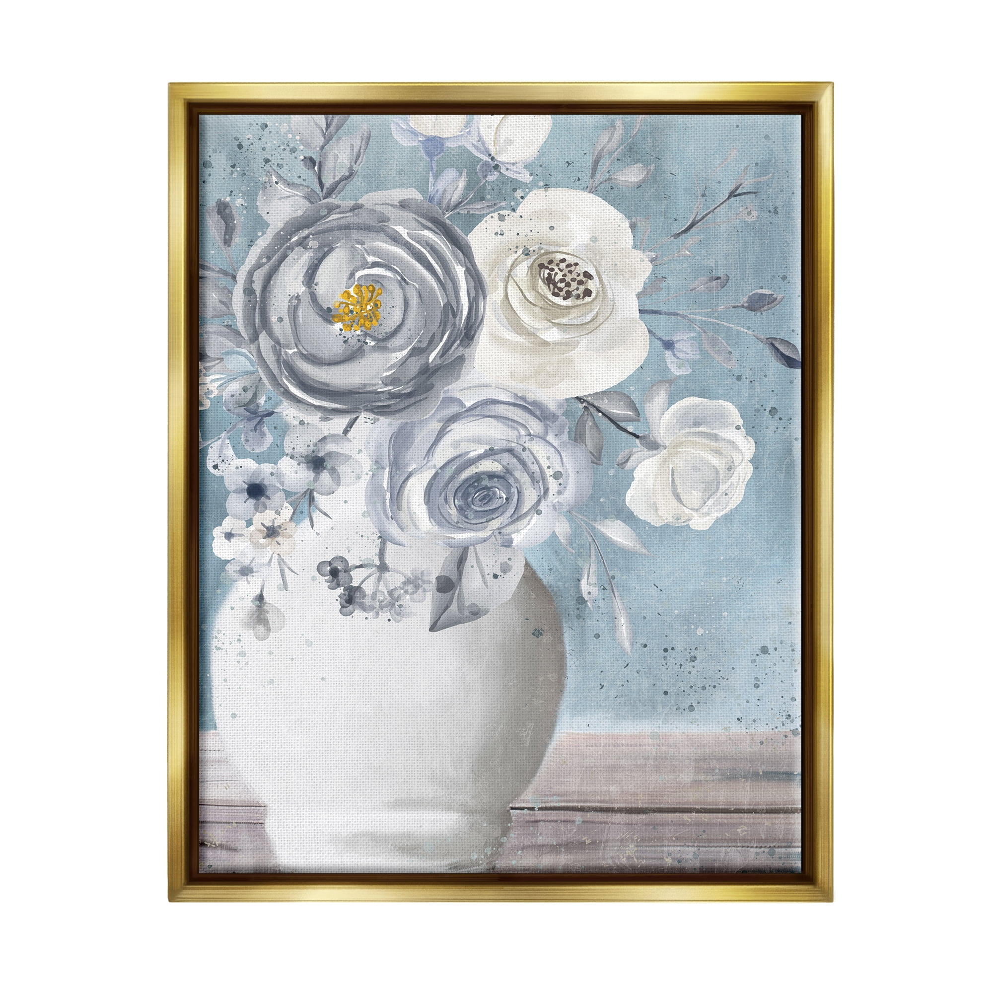 Stupell Industries Round Flower Blossom Bouquet Blue Paint Speckles Painting Metallic Gold Floating Framed Canvas Print Wall Art, Design by Kim Allen