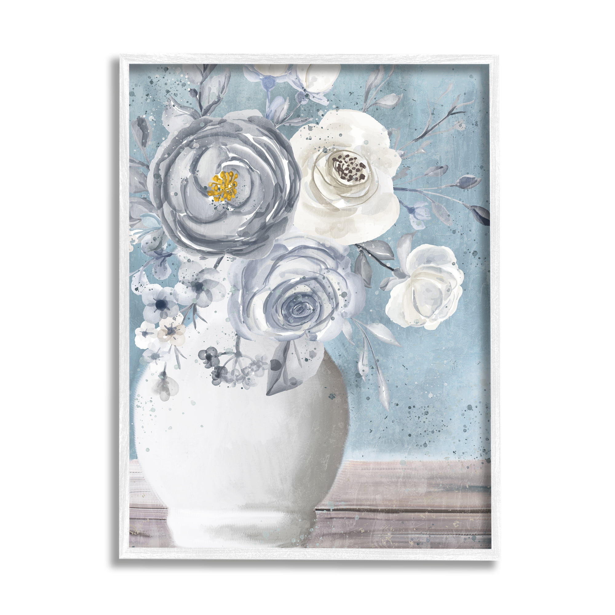 Stupell Industries Round Flower Blossom Bouquet Blue Paint Speckles Painting White Framed Art Print Wall Art, Design by Kim Allen