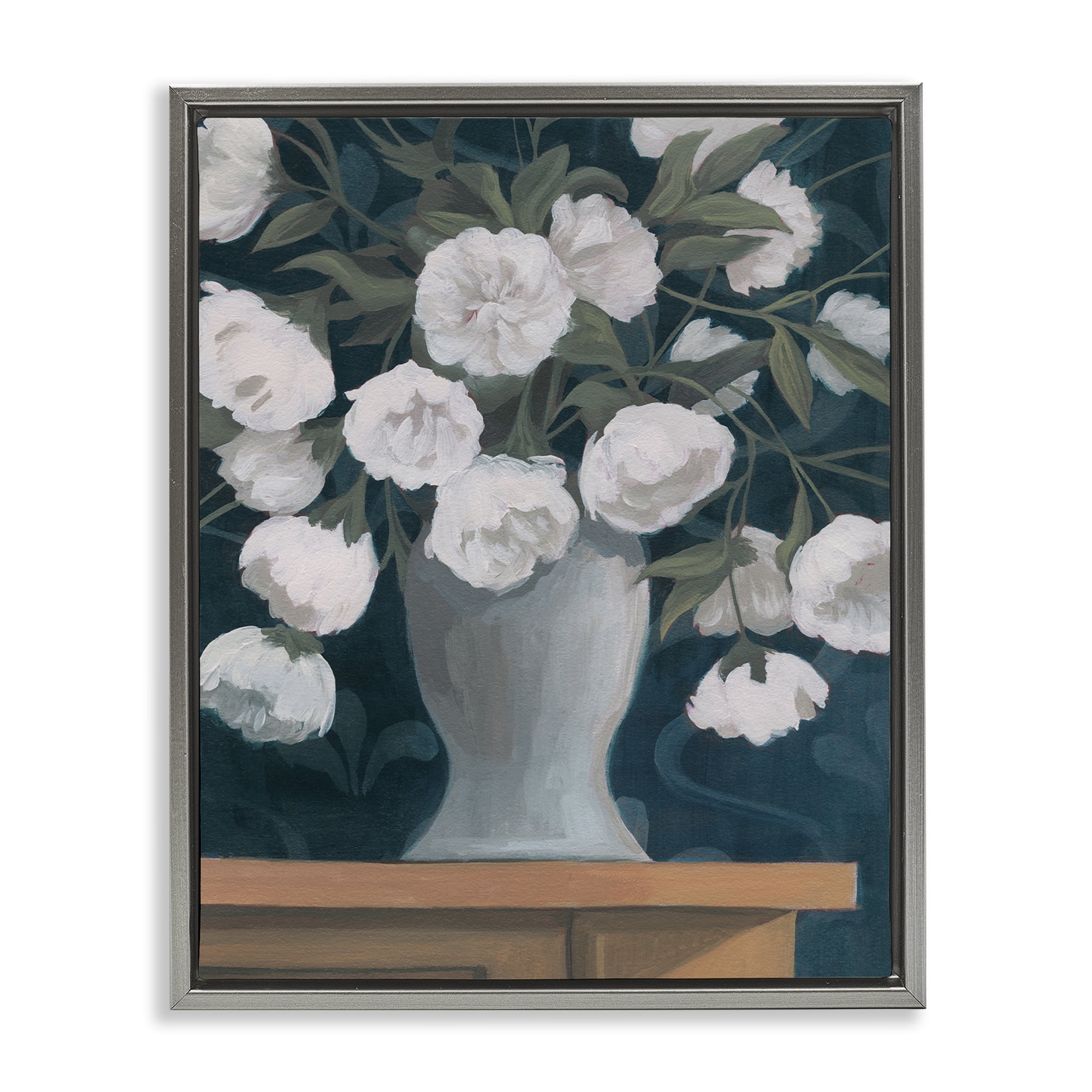 Stupell Industries Round Flowers Bouquet Plants & Flowers Painting Gray Floater Framed Canvas Art Print Wall Art, 25 x 31