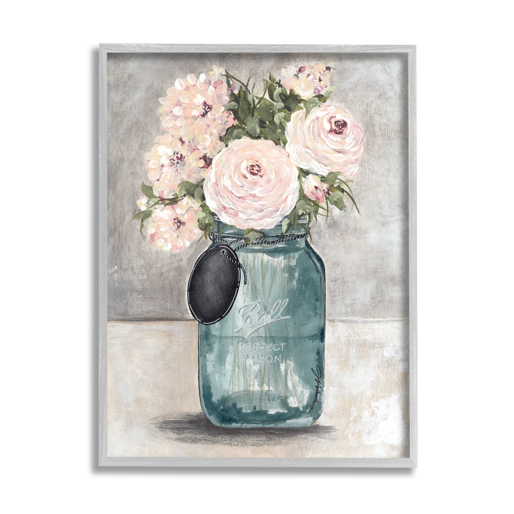 Stupell Industries Round Pink Blossoms Rustic Country Jar Vase Painting Gray Framed Art Print Wall Art, Design by Julie Norkus