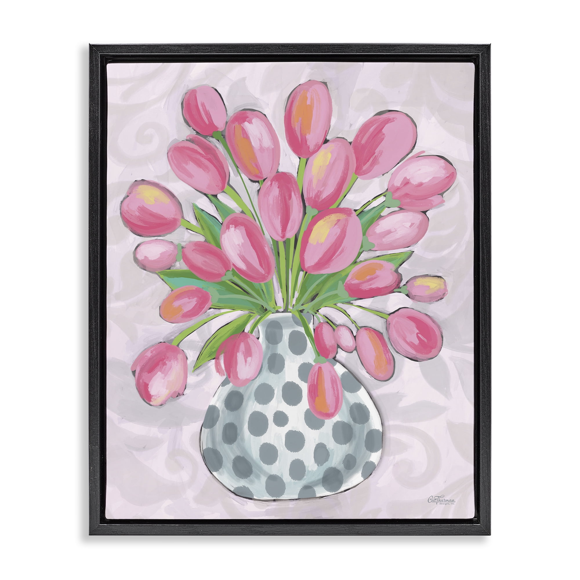 Stupell Industries Round Pink Tulips Botanical & Floral Painting Black Floater Framed Art Print Wall Art, 17 x 21
