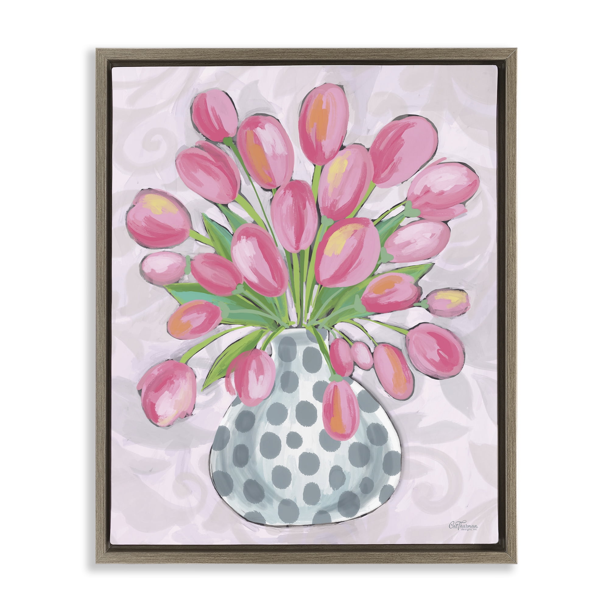 Stupell Industries Round Pink Tulips Botanical & Floral Painting Brown Floater Framed Art Print Wall Art, 17 x 21