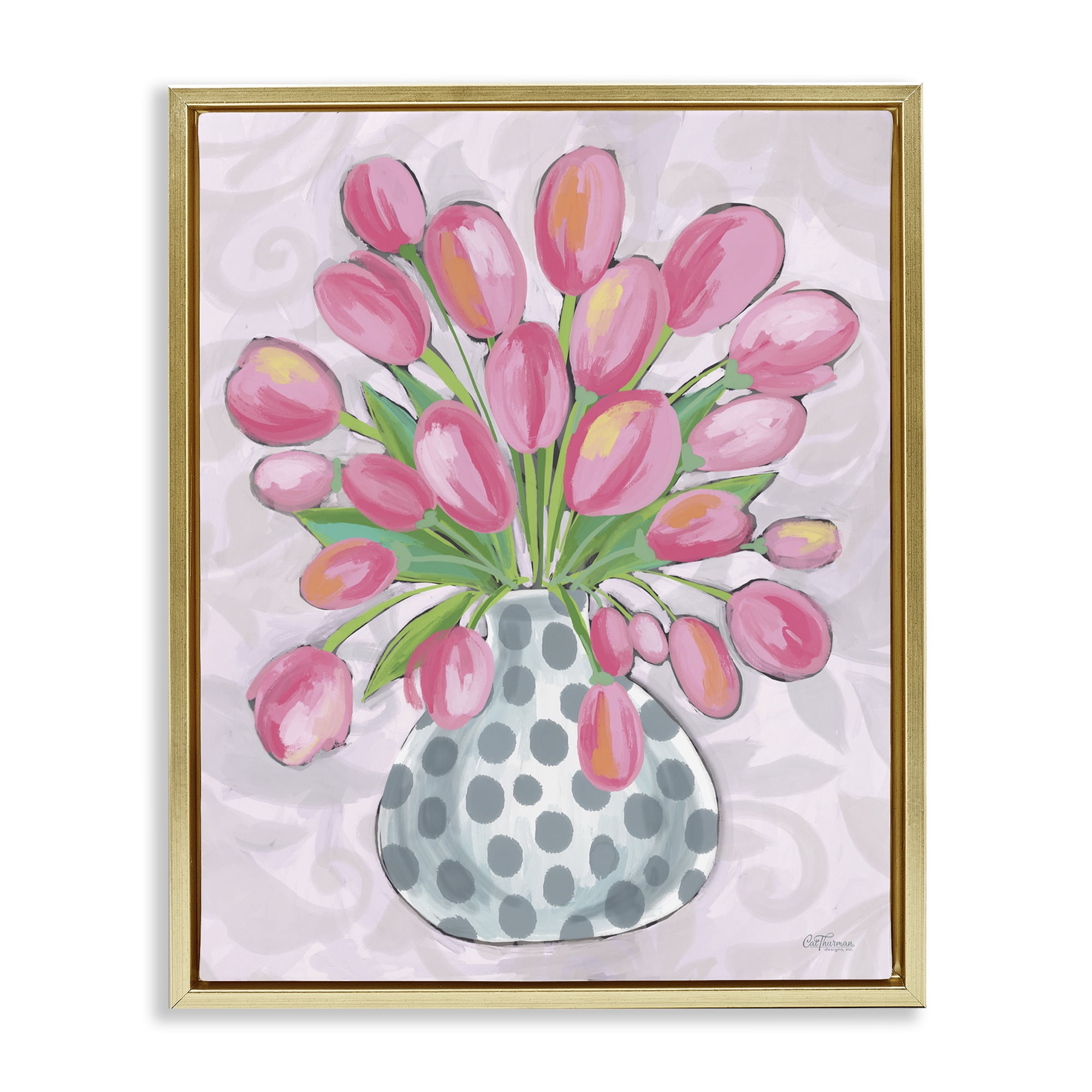 Stupell Industries Round Pink Tulips Botanical & Floral Painting Gold Floater Framed Art Print Wall Art, 25 x 31