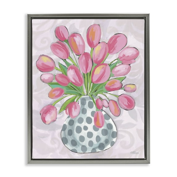 Stupell Industries Round Pink Tulips Botanical & Floral Painting Gray Floater Framed Art Print Wall Art, 17 x 21