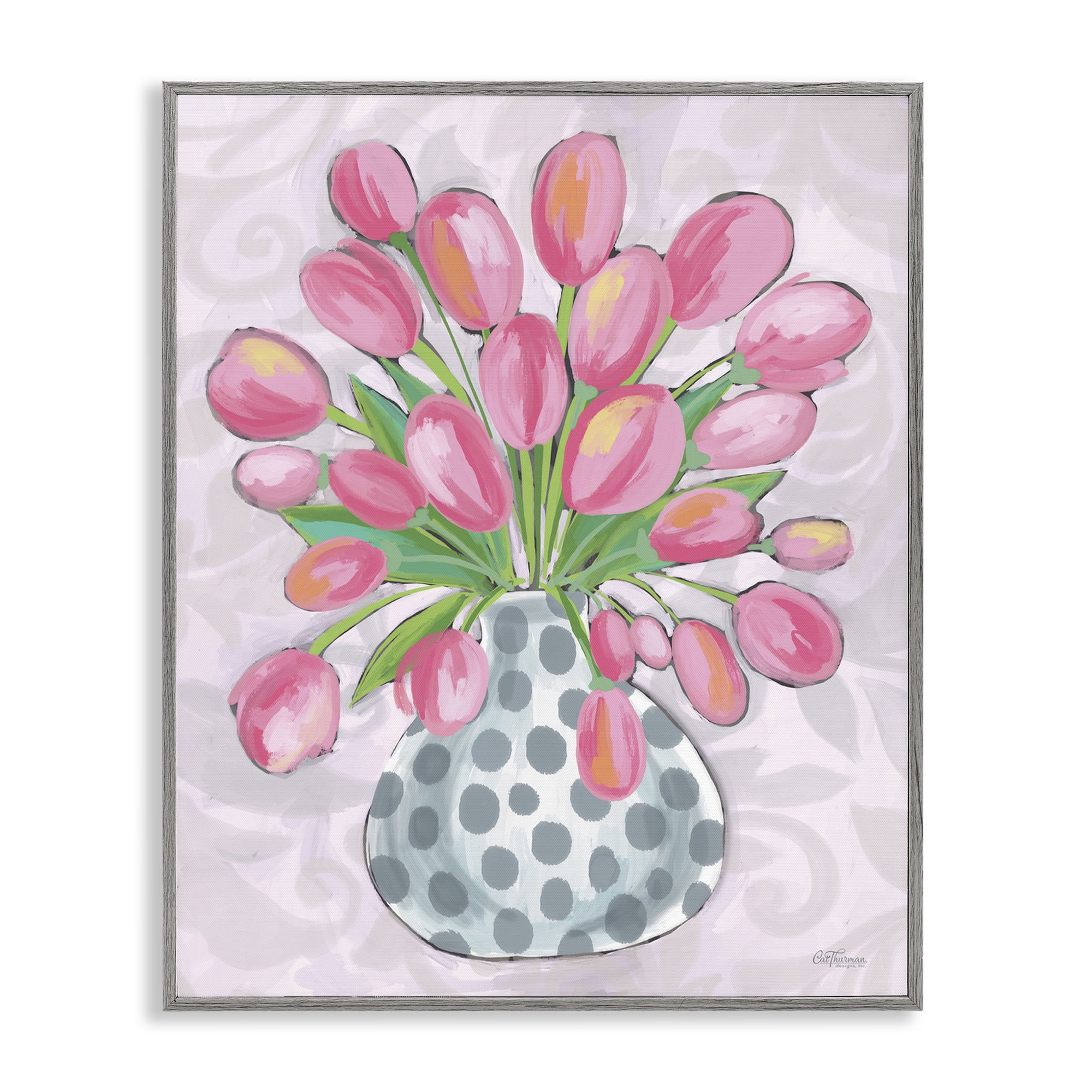Stupell Industries Round Pink Tulips Botanical & Floral Painting Gray Framed Art Print Wall Art, 11 x 14