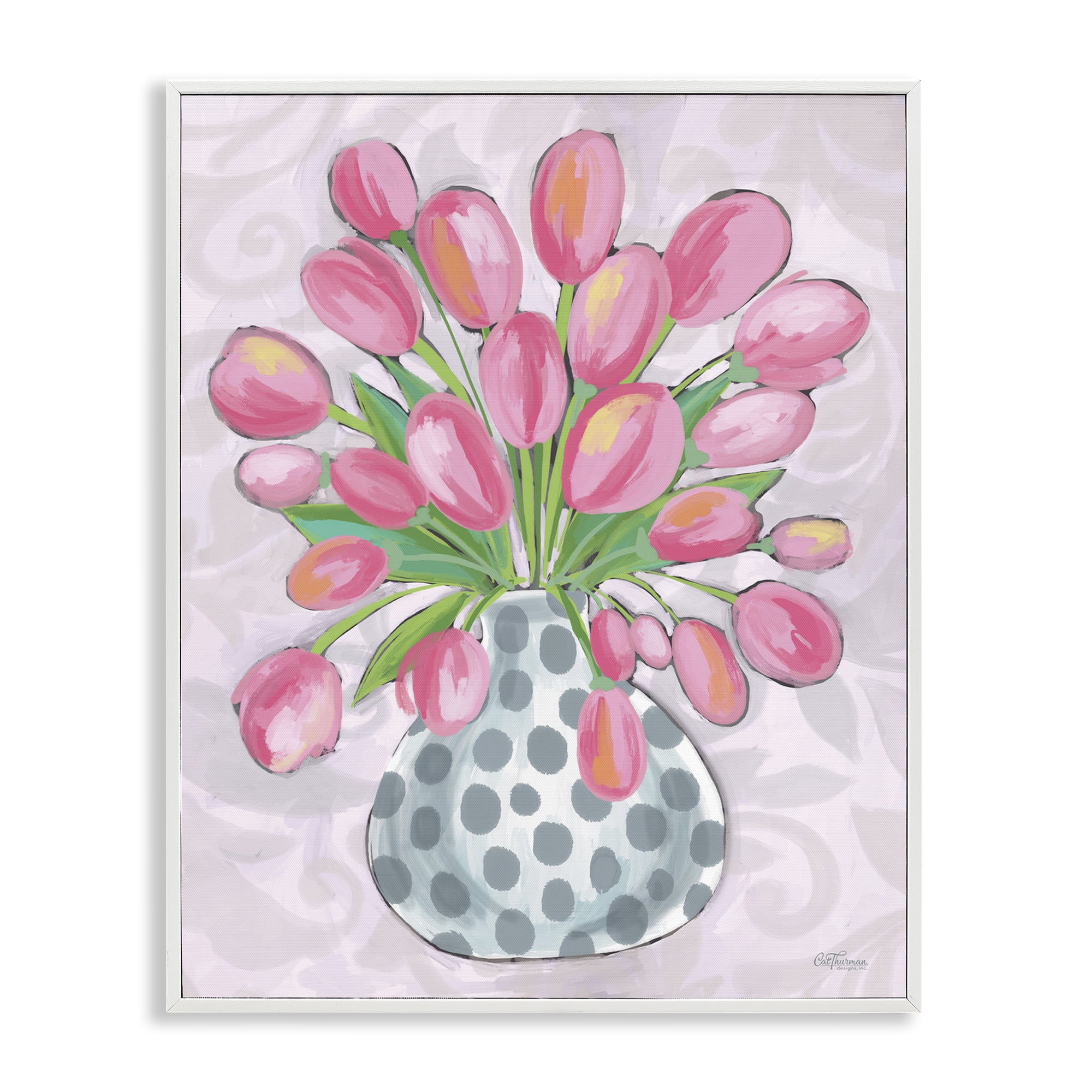 Stupell Industries Round Pink Tulips Botanical & Floral Painting White Framed Art Print Wall Art, 16 x 20