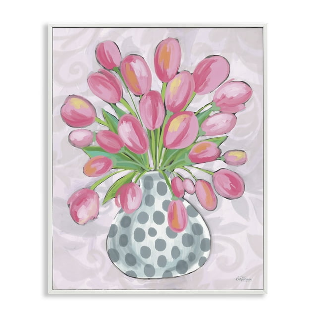 Stupell Industries Round Pink Tulips Botanical & Floral Painting White Framed Art Print Wall Art, 24 x 30