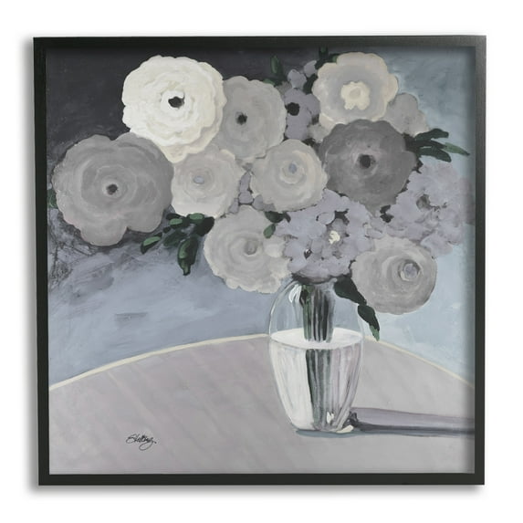 Stupell Industries Round Slate Flower Blossoms Arrangement Still Life Painting Black Framed Art Print Wall Art, Design by Steling