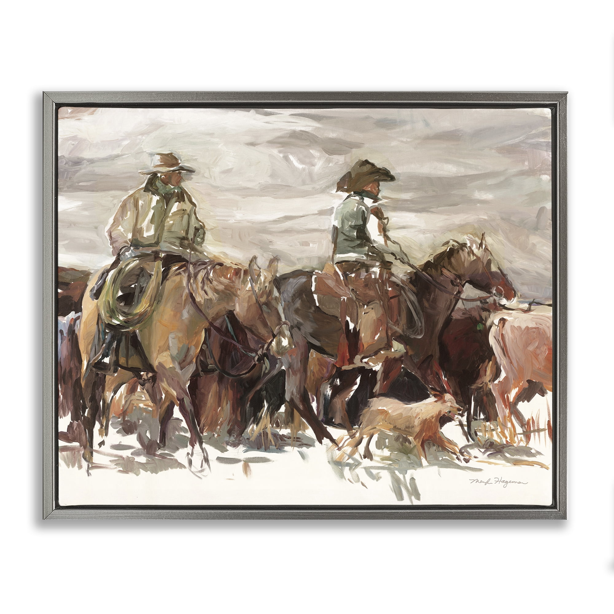 Stupell Industries Round Up Cowboys Animals & Insects Painting Gray Floater Framed Canvas Art Print Wall Art, 31 x 25