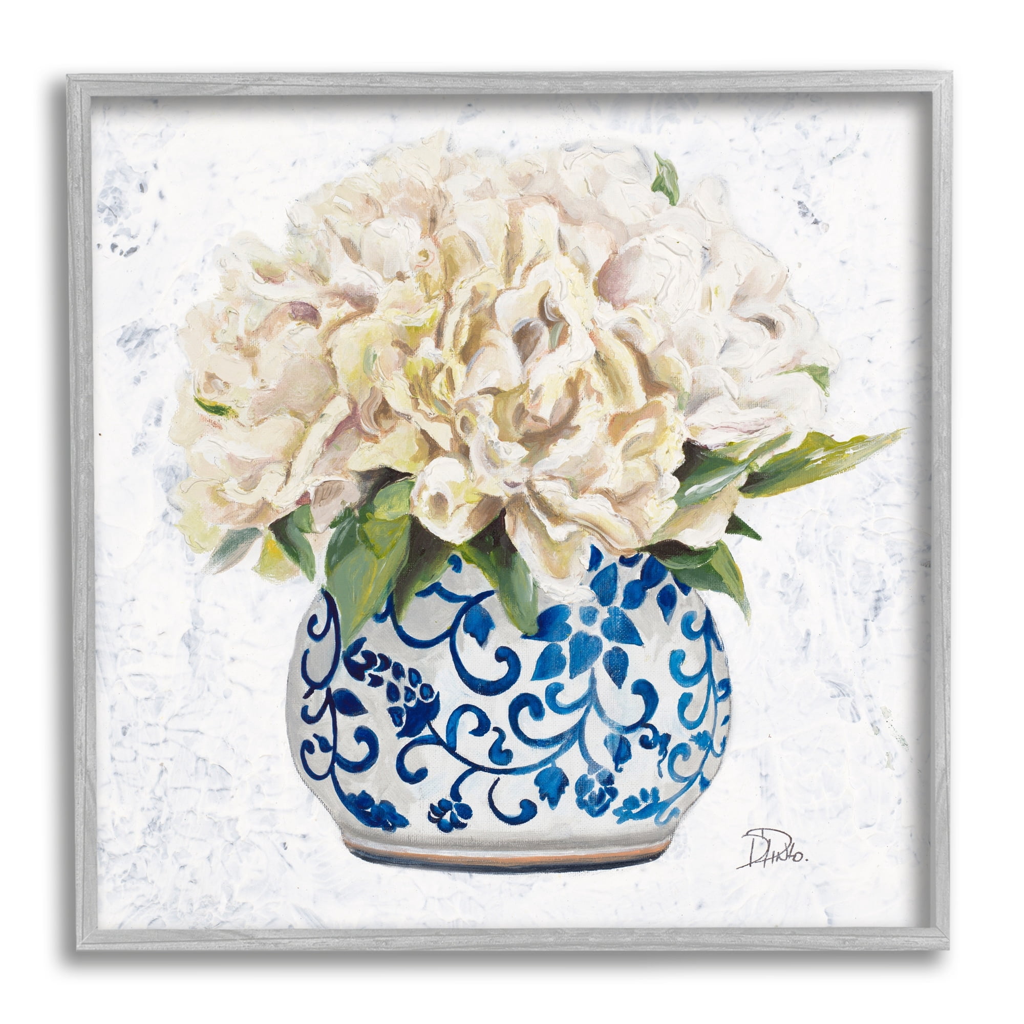 Stupell Industries Round White Floral Blooms Ornate Patterned Vase Painting Gray Framed Art Print Wall Art, Design by Patricia Pinto