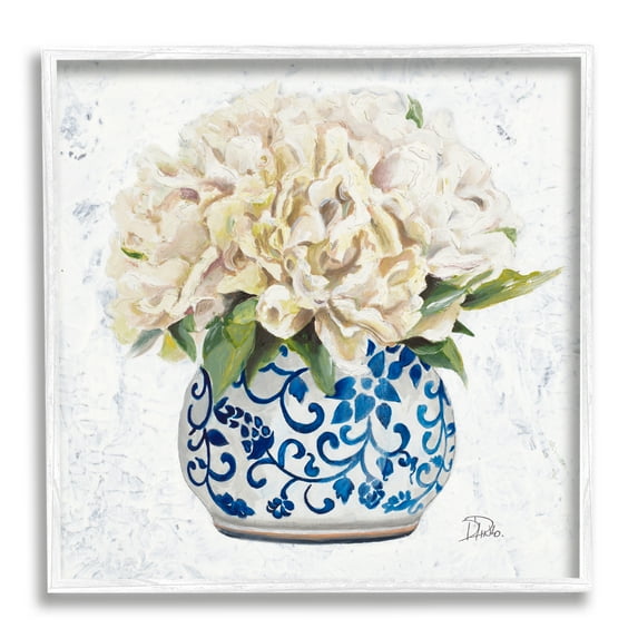 Stupell Industries Round White Floral Blooms Ornate Patterned Vase Painting White Framed Art Print Wall Art, Design by Patricia Pinto