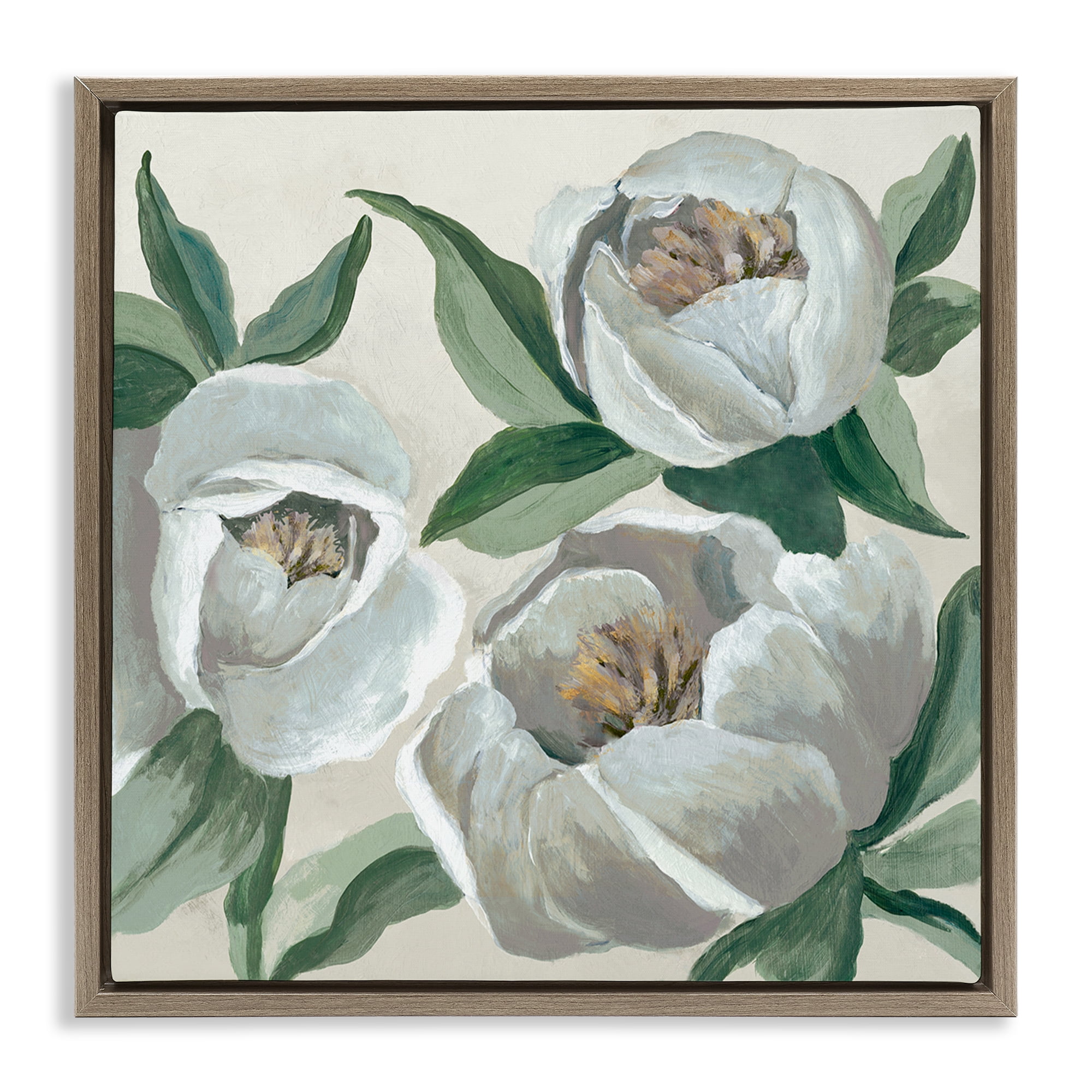 Stupell Industries Round White Peonies Plants & Flowers Painting Brown Floater Framed Canvas Art Print Wall Art, 18 x 18