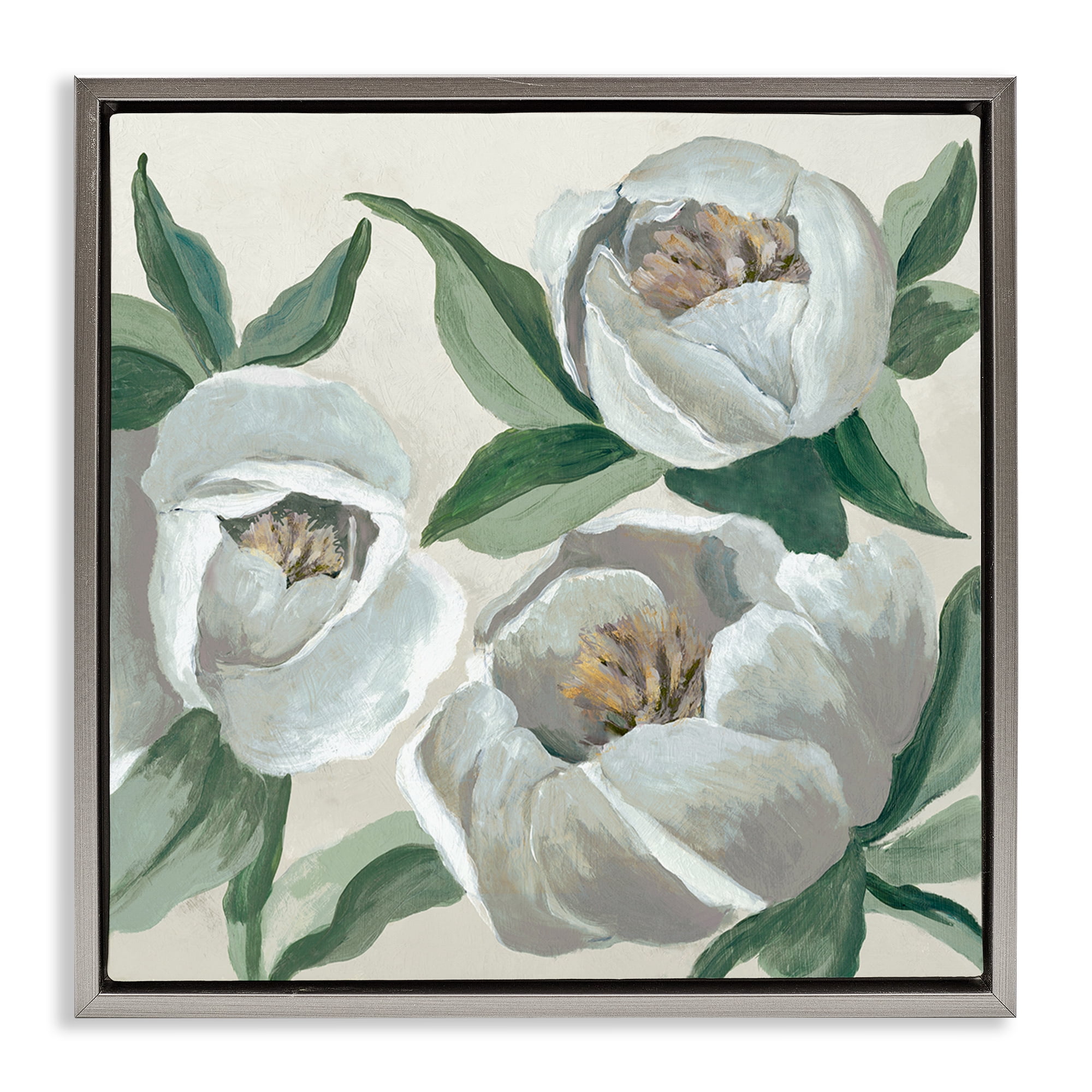 Stupell Industries Round White Peonies Plants & Flowers Painting Gray Floater Framed Canvas Art Print Wall Art, 18 x 18