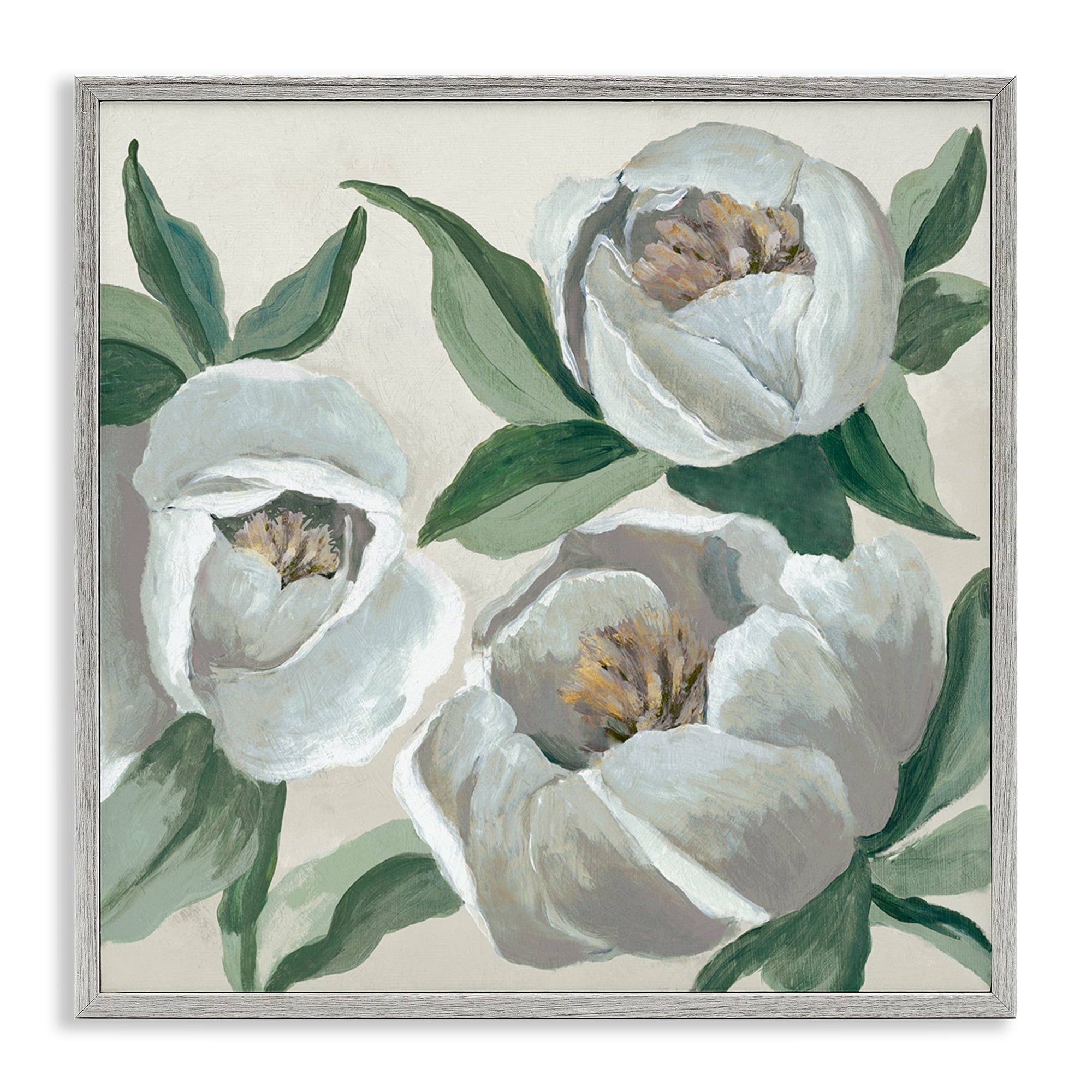 Stupell Industries Round White Peonies Plants & Flowers Painting Gray Framed Art Print Wall Art, 17 x 17