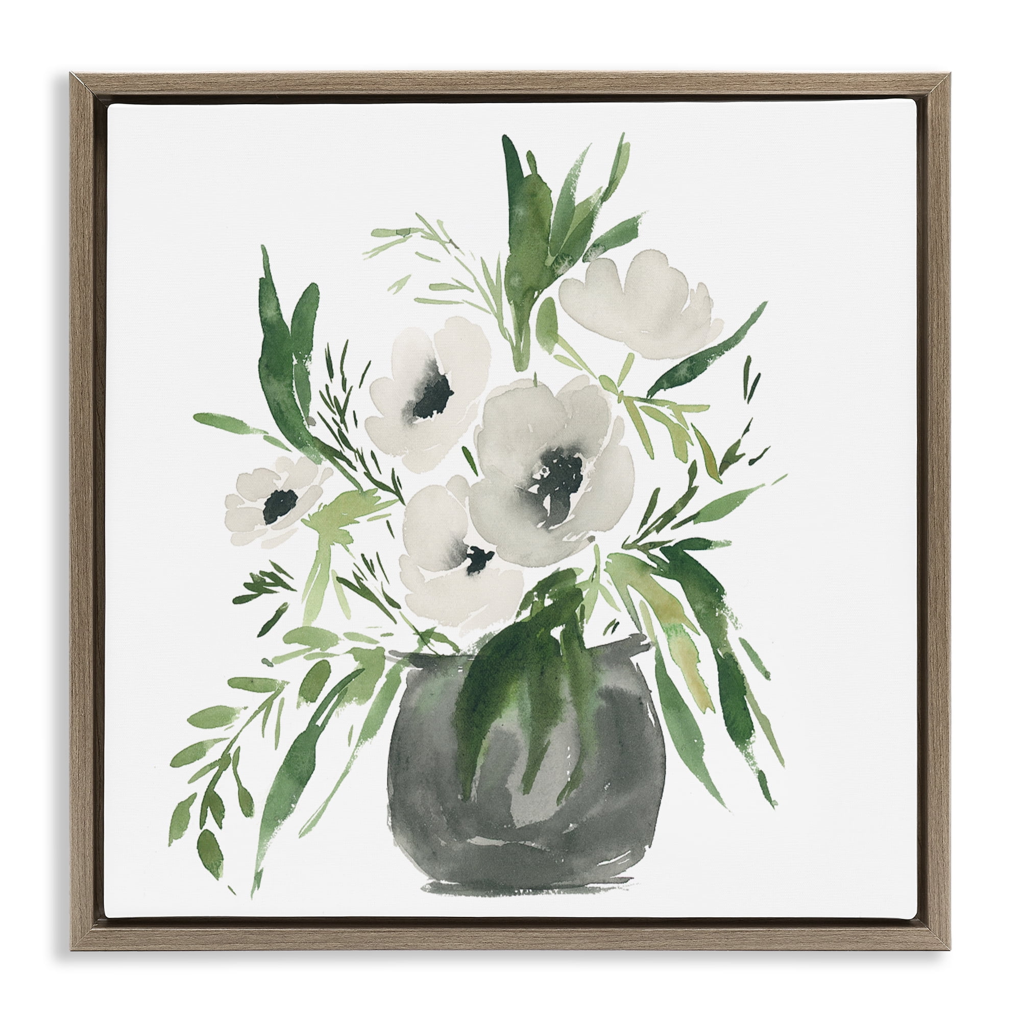 Stupell Industries Rounded White Anemones Brown Framed Floater Canvas Wall Art, design by Lucille Price
