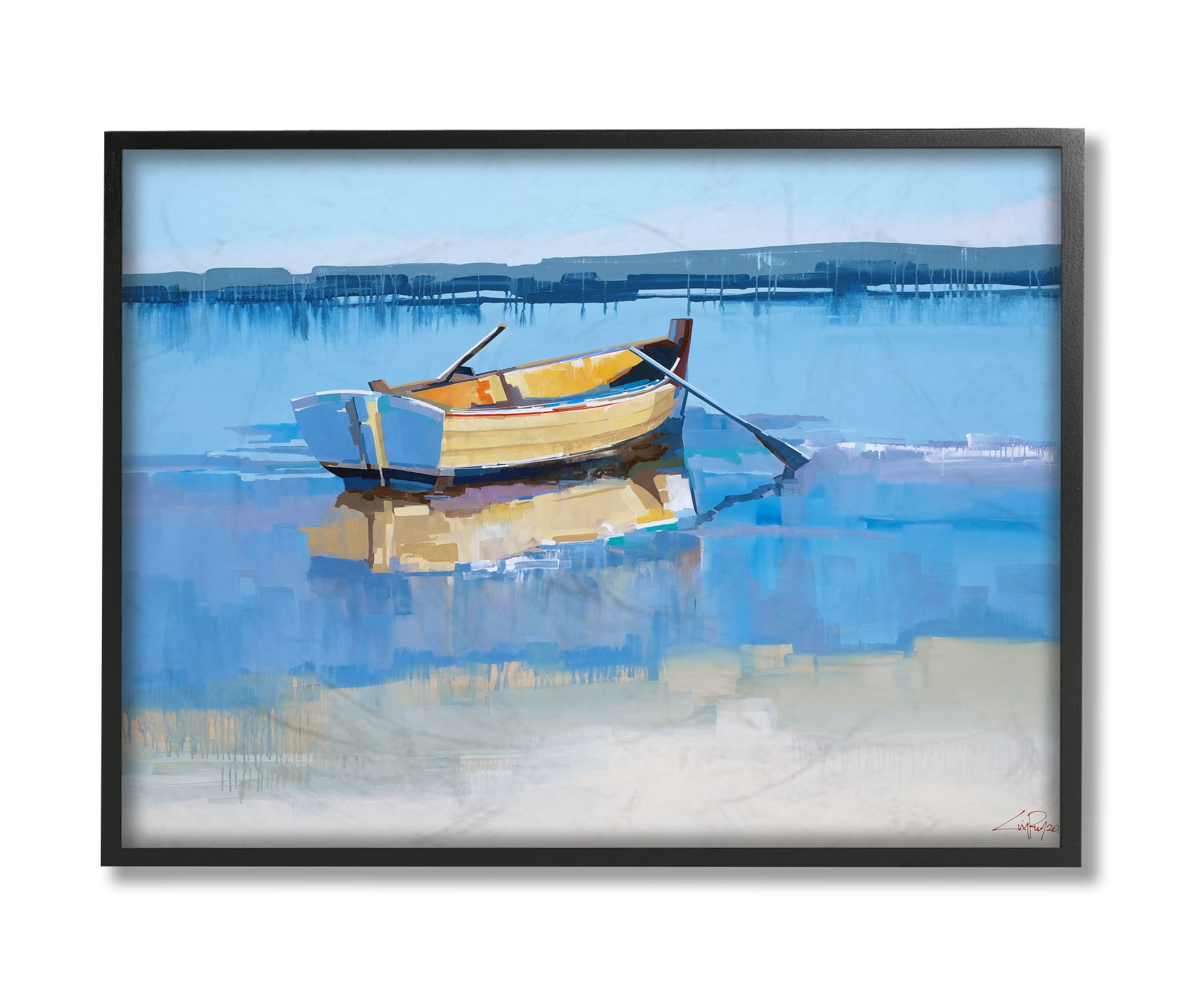 Stupell Industries Row Boat on Blue Coastal Shore Beach Landscape Black Framed, 11 x 14, Design by Craig Trewin Penny