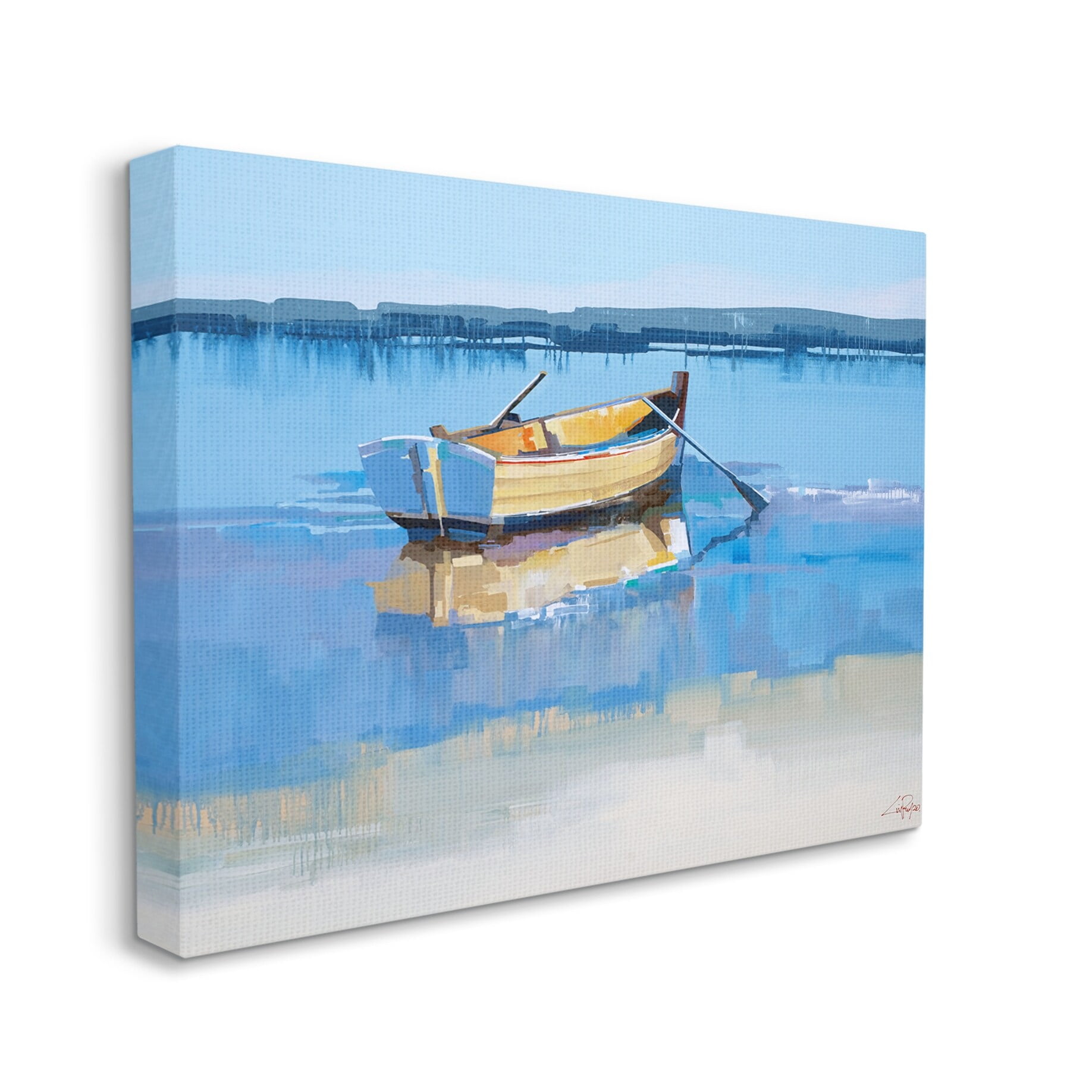 Blue Coastal Shore Landscape Canvas Wall Art with Row Boat