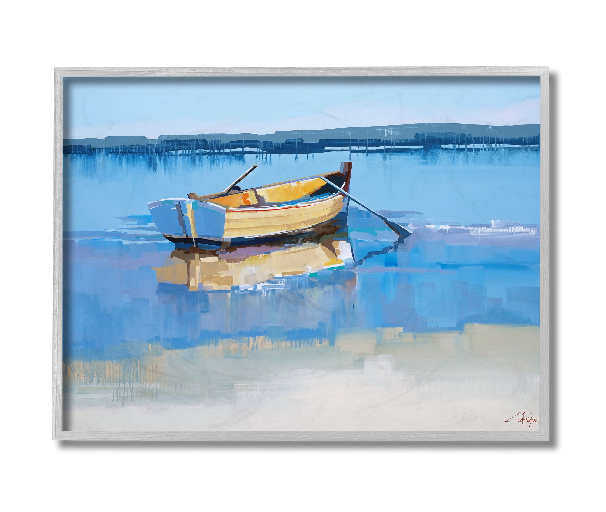 Stupell Industries Row Boat on Blue Coastal Shore Beach Landscape Grey Framed, 16 x 20, Design by Craig Trewin Penny