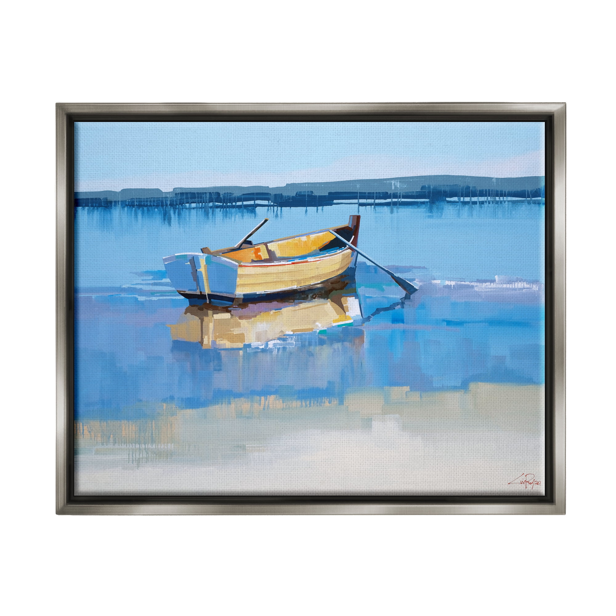 Stupell Industries Row Boat on Blue Coastal Shore Beach Landscape Luster Gray Framed Floating Canvas Wall Art, 16x20, by Craig Trewin Penny