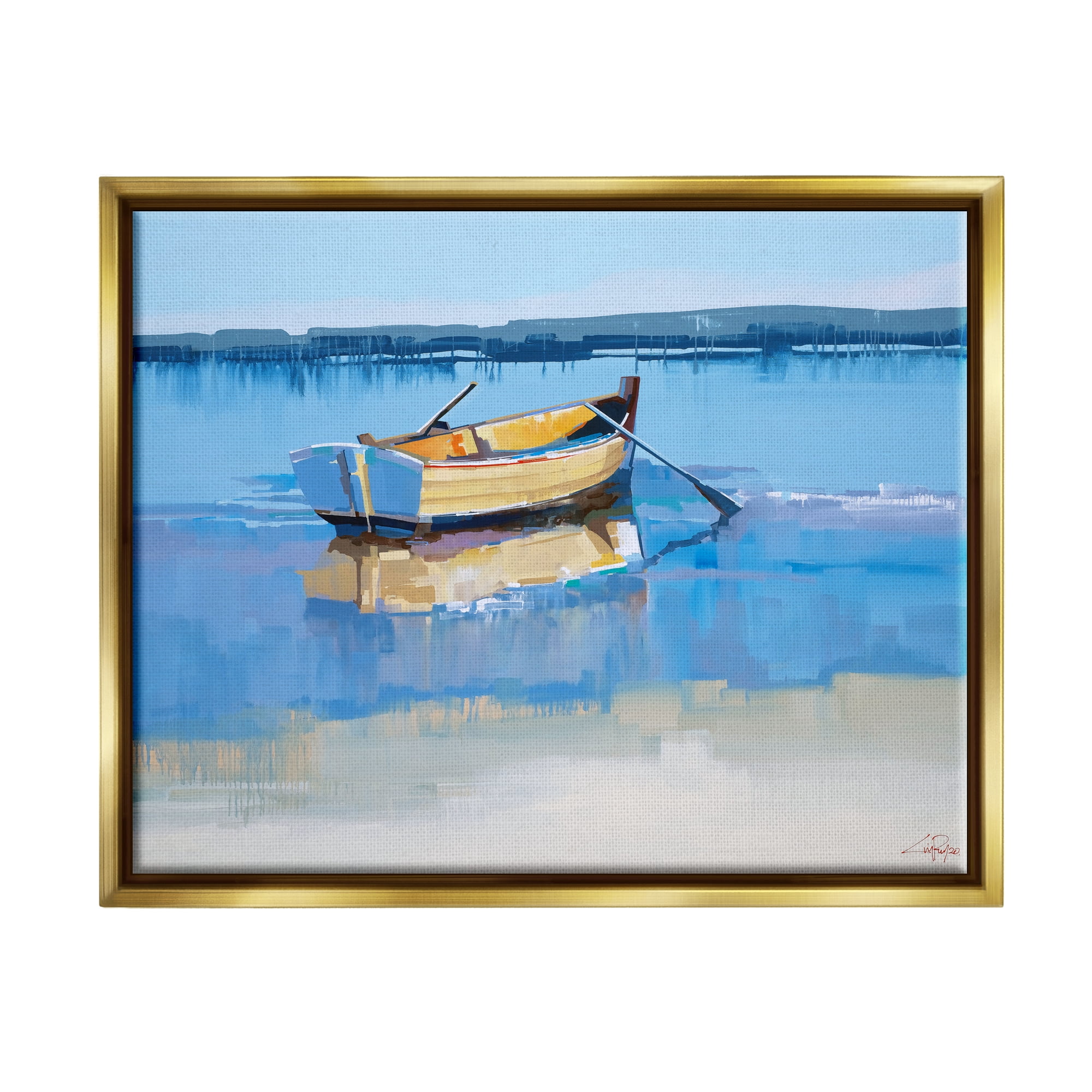 Stupell Industries Row Boat on Blue Coastal Shore Beach Landscape Metallic Gold Framed Floating Canvas Wall Art, 24x30, by Craig Trewin Penny