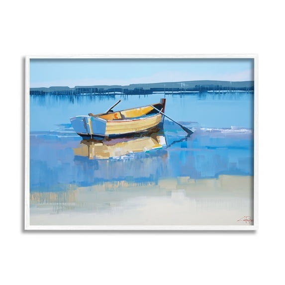 Stupell Industries Row Boat on Blue Coastal Shore Beach Landscape Painting Framed Art Print Wall Art, 14x11, By Craig Trewin Penny