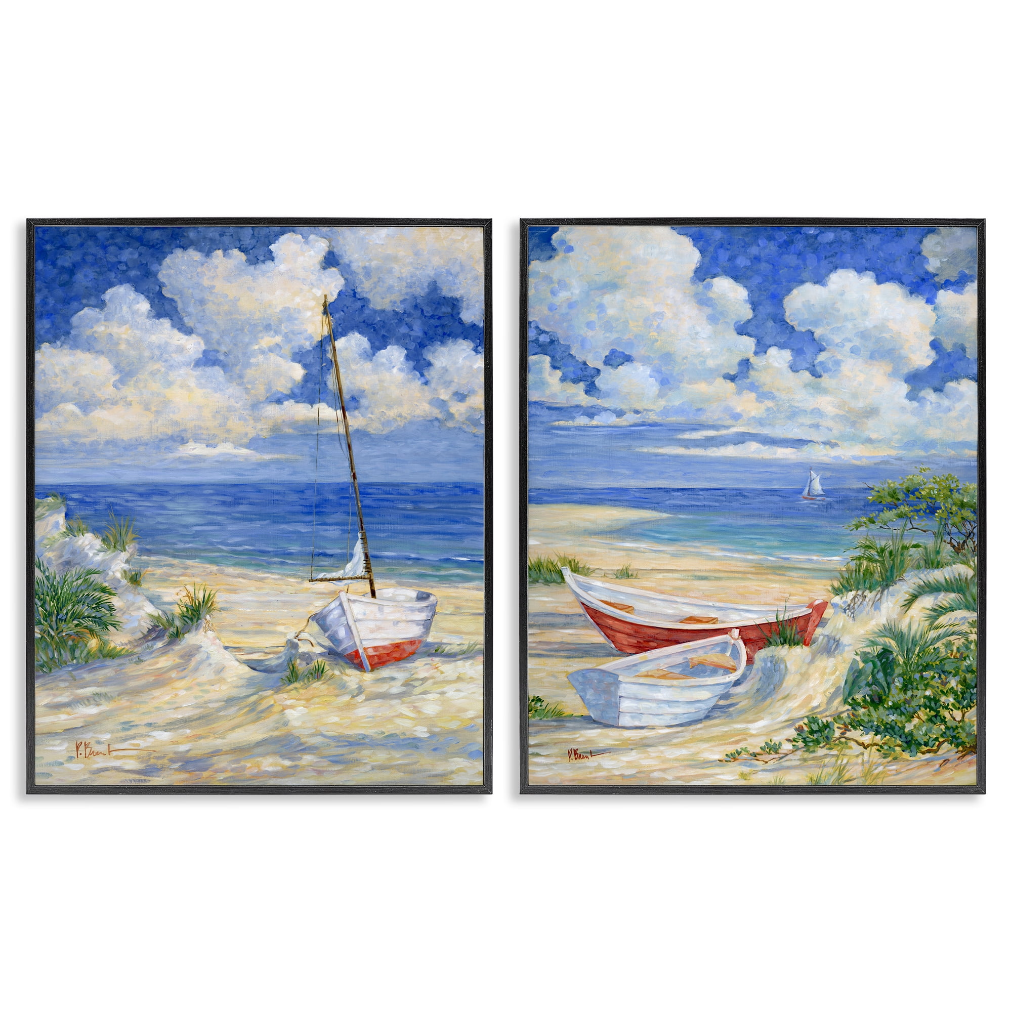 Stupell Industries Row Boat on Sandy Beach Nautical & Beach Painting Black Framed Art Print Wall Art, 24 x 30, Set of 2
