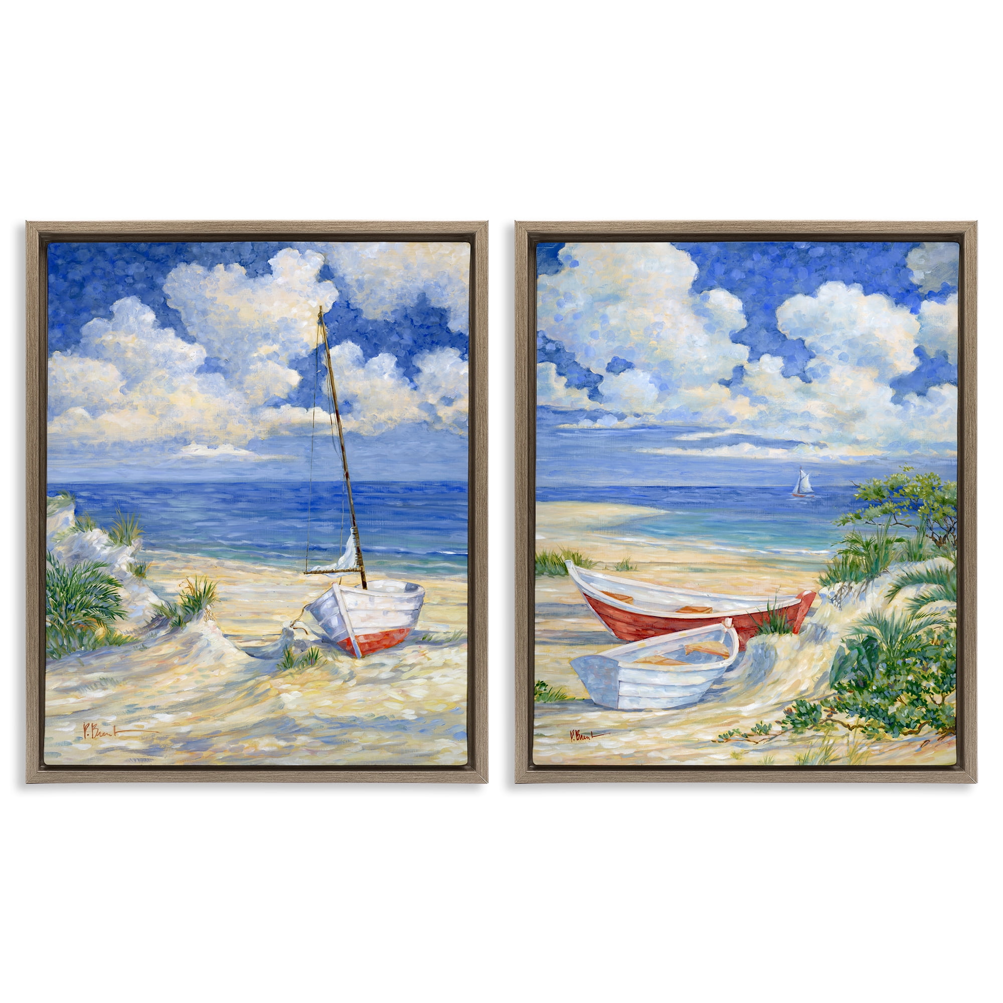 Stupell Industries Row Boat on Sandy Beach Nautical & Beach Painting Brown Floater Framed Canvas Art Print Wall Art, 17 x 21, Set of 2