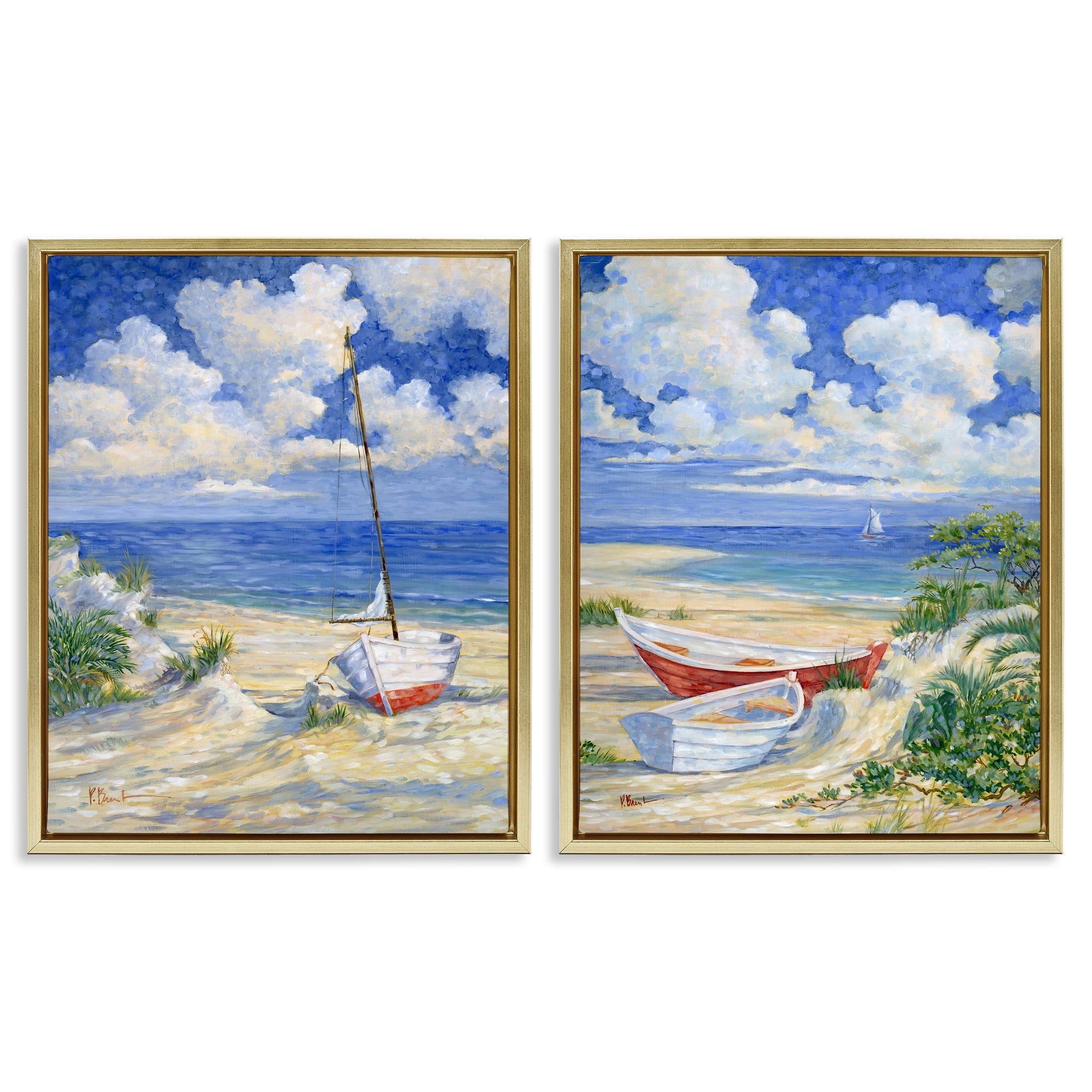 Stupell Industries Row Boat on Sandy Beach Nautical & Beach Painting Gold Floater Framed Canvas Art Print Wall Art, 17 x 21, Set of 2