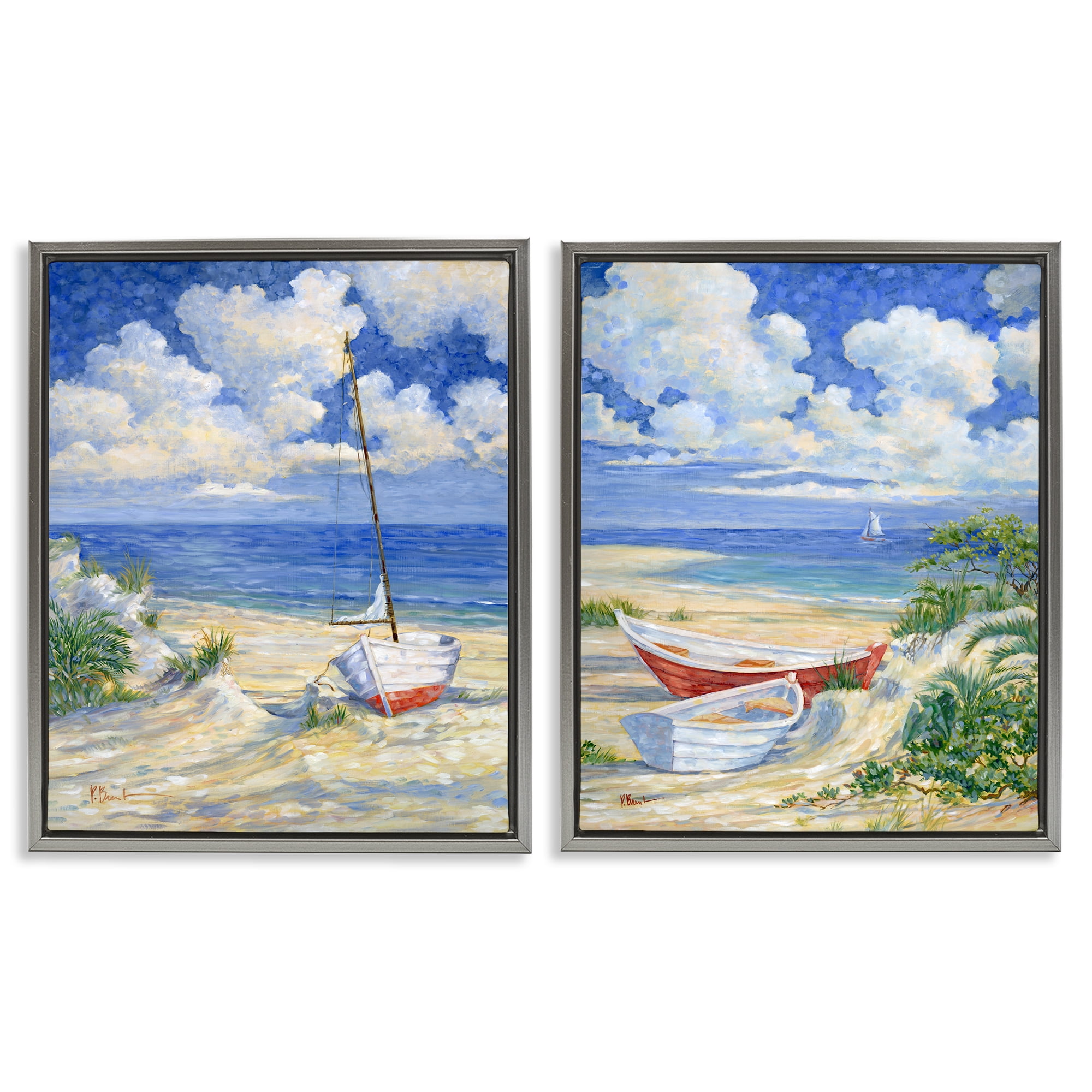 Stupell Industries Row Boat on Sandy Beach Nautical & Beach Painting Gray Floater Framed Canvas Art Print Wall Art, 31 x 25, Set of 2