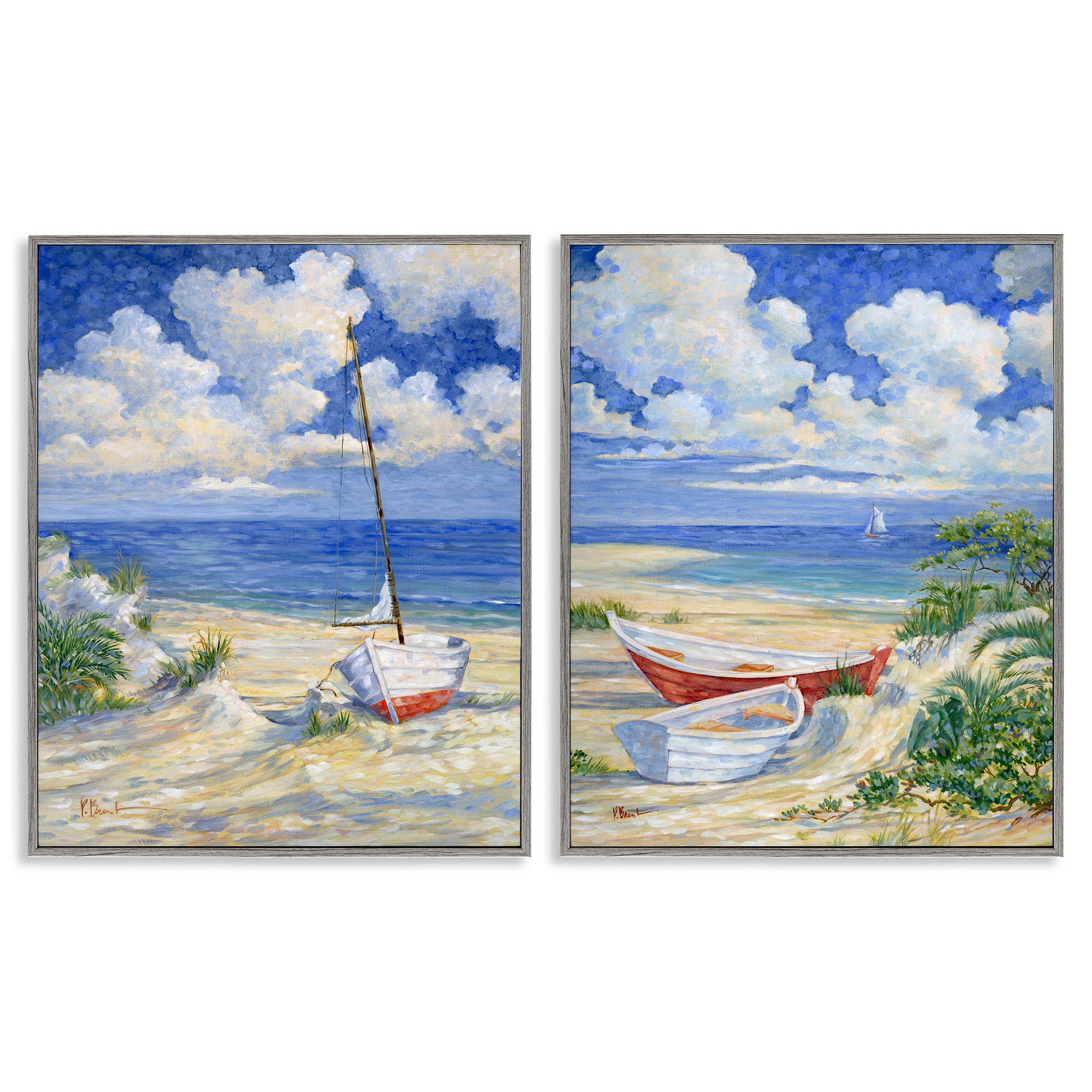 Stupell Industries Row Boat on Sandy Beach Nautical & Beach Painting Gray Framed Art Print Wall Art, 24 x 30, Set of 2
