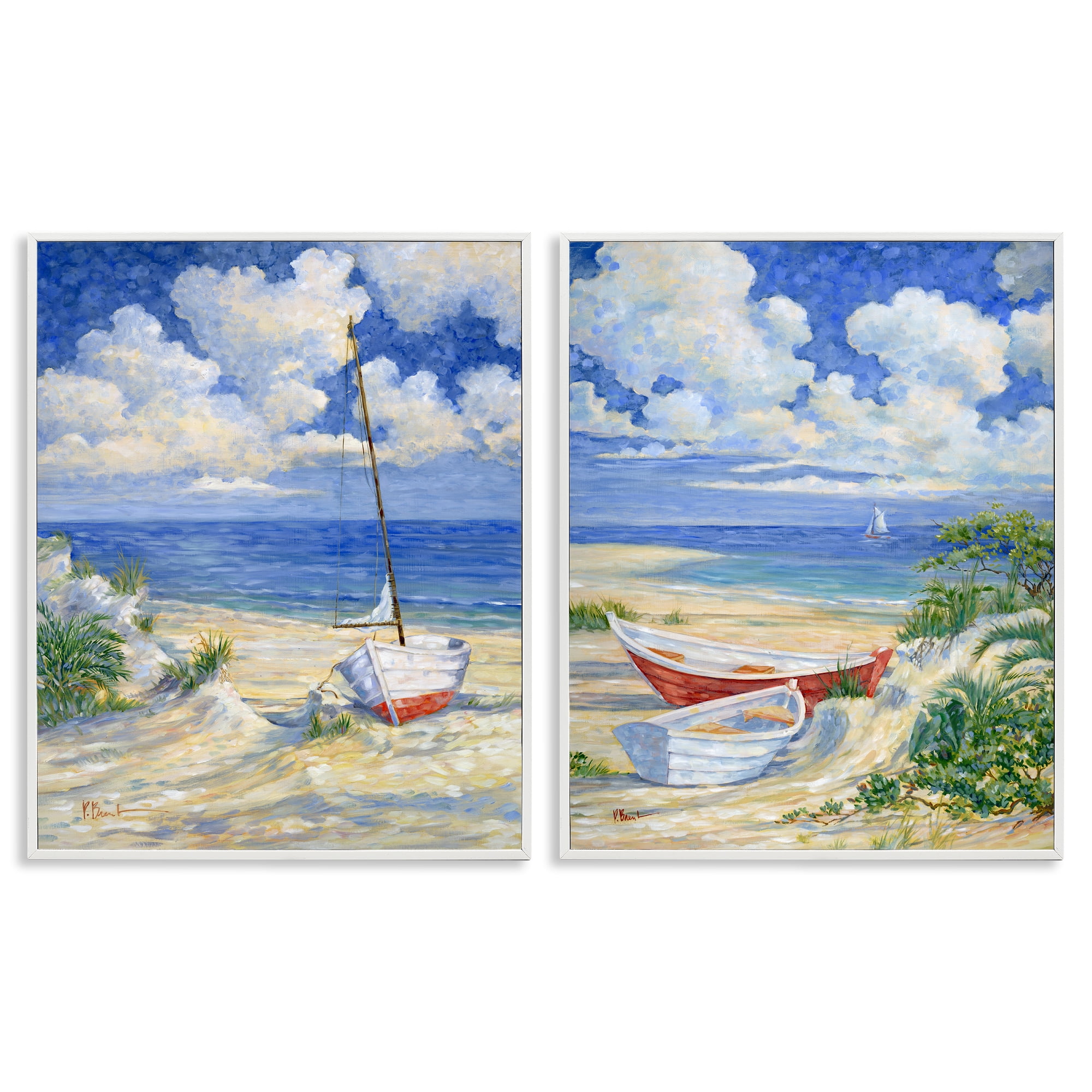 Stupell Industries Row Boat on Sandy Beach Nautical & Beach Painting White Framed Art Print Wall Art, 16 x 20, Set of 2