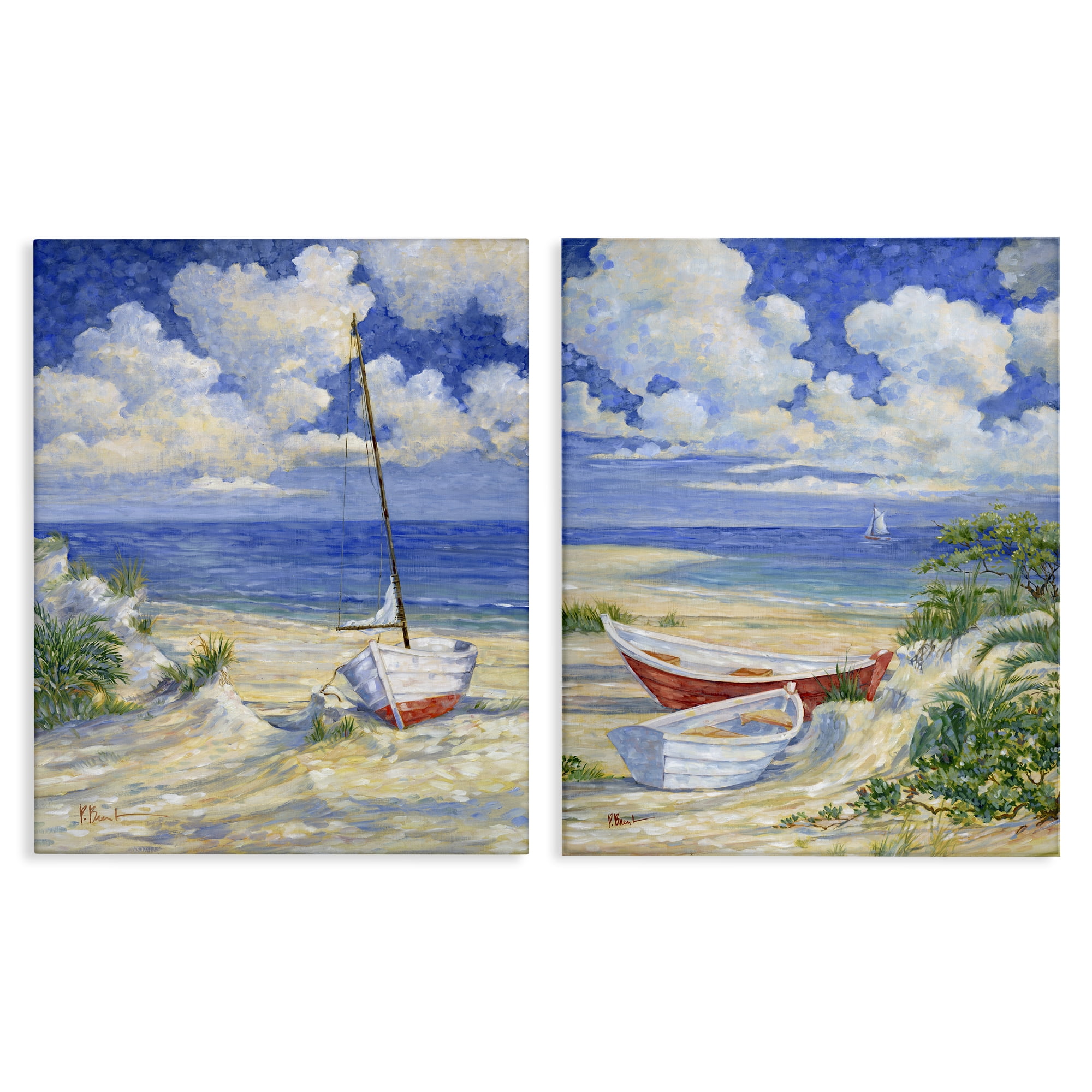 Stupell Industries Row Boat on Sandy Beach Nautical & Beach Painting Wrapped Canvas Art Print Wall Art, 24 x 30, Set of 2
