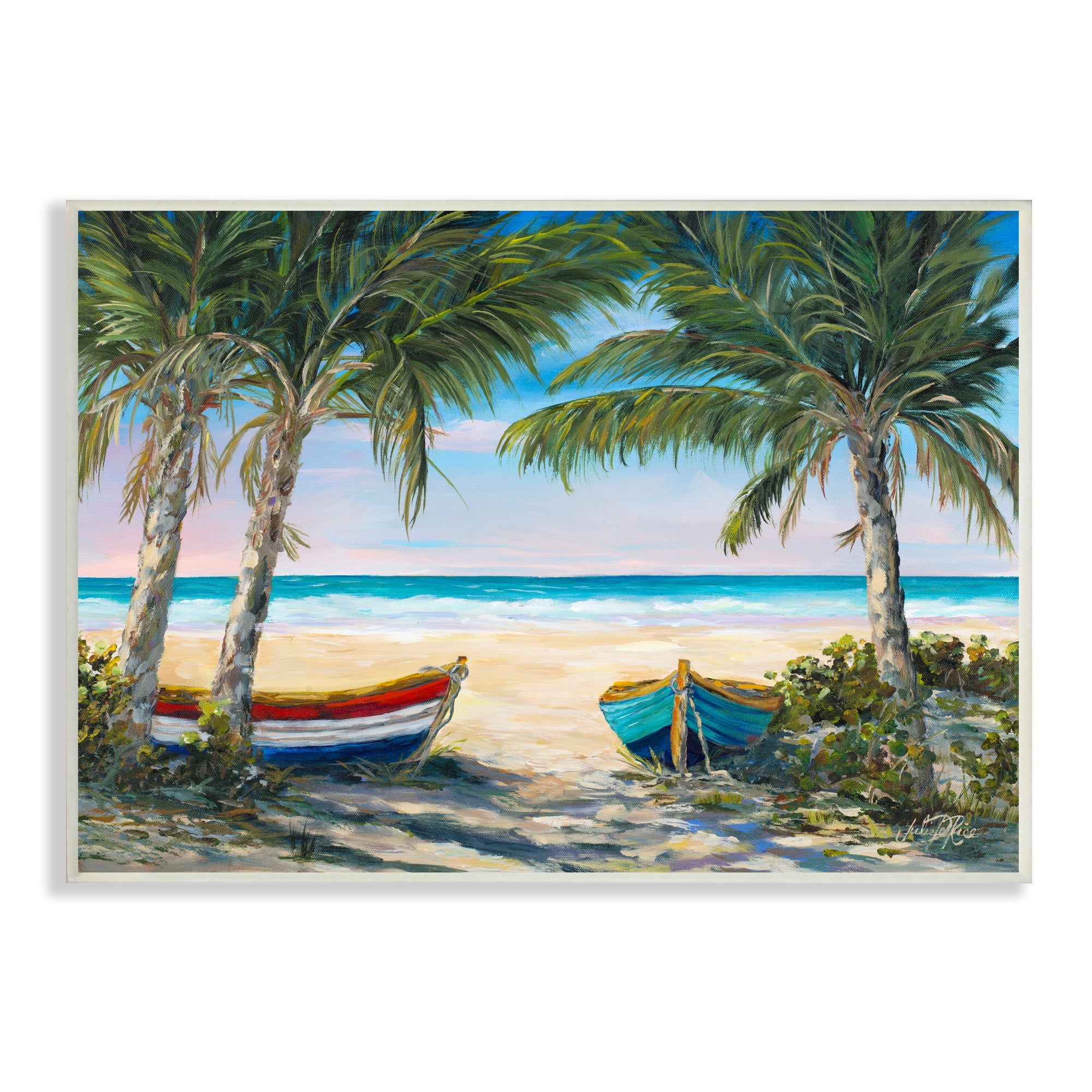 Stupell Industries Row Boats on Beach Shore Tropical Palm Trees, 19 x 13, Design by Julie Derice