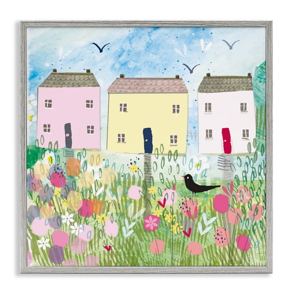 Row Of Cottages with Crow Gray Framed Giclee Art, 17 x 17, Made In USA