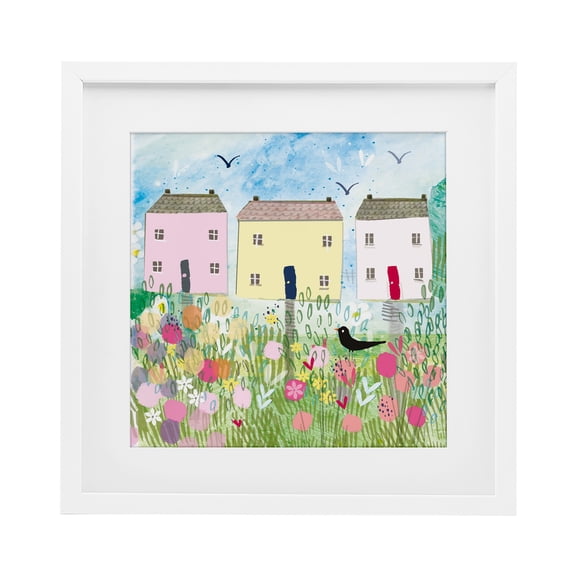 Stupell Industries Row Of Cottages with Crow White Framed Print Under Glass, design by Clare Tupper