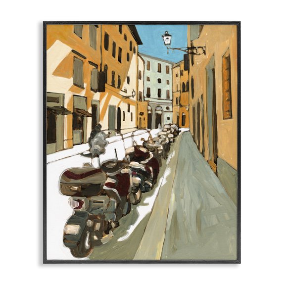 Stupell Industries Eclectic Row of Mopeds Yellow European City Street Black Framed Giclee Art, 24 x 30, by Bart E. Slyp