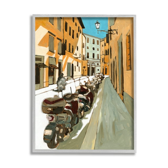 Stupell Industries Row of Mopeds Yellow European City Street Grey Framed, 11 x 14, Design by Bart E. Slyp