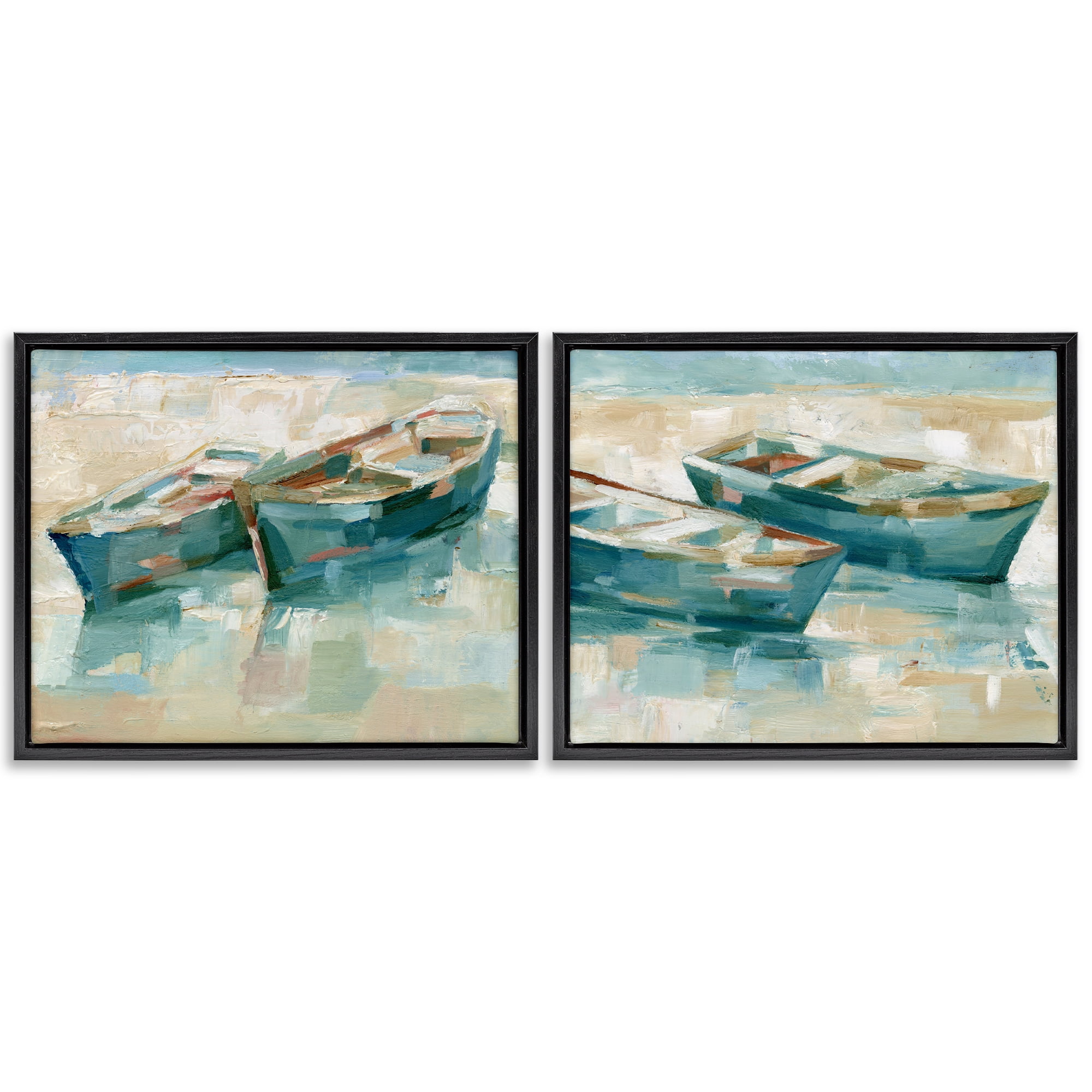 Stupell Industries Rowboat Pairs Washed Ashore Transportation Painting Black Floater Framed Canvas Art Print Wall Art, 31 x 25, Set of 2